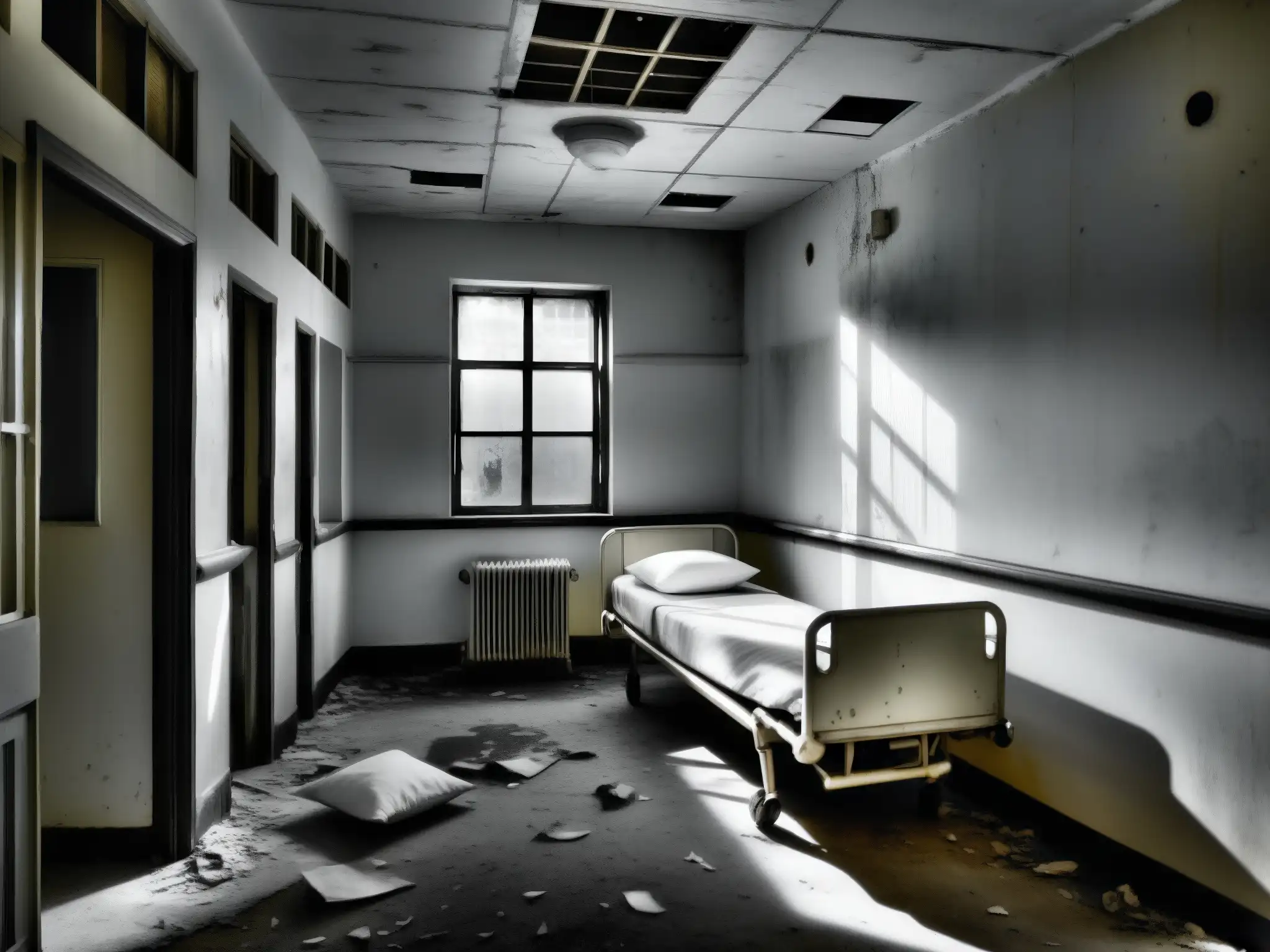 Imagen en blanco y negro de un pasillo abandonado de hospital con pintura descascarada y ventanas rotas