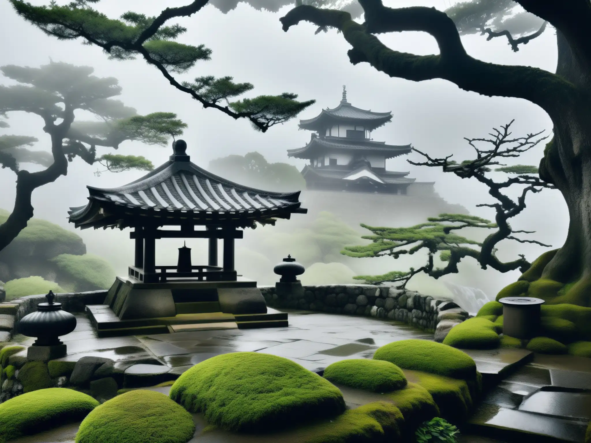 Imagen en blanco y negro del Pozo de los Nueve Platos en Himeji Castle, envuelto en niebla y misterio, evocando la maldición de Okiku