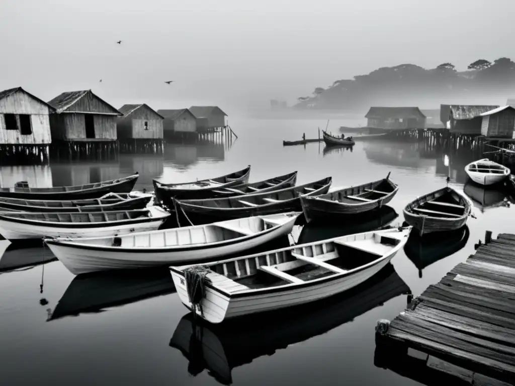 Imagen en blanco y negro de un pueblo pesquero abandonado en Monrovia, con neblina y barcos deteriorados