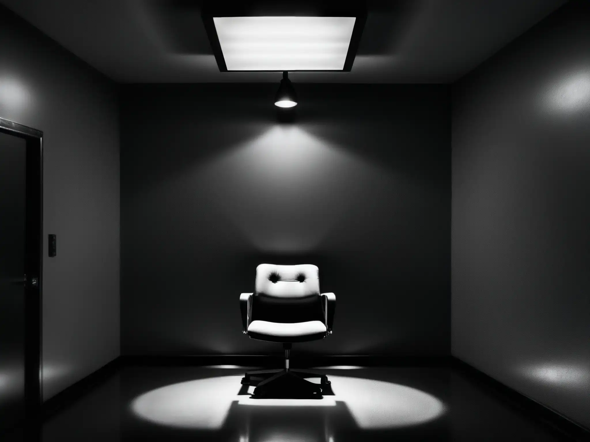 Imagen en blanco y negro de una sala de interrogatorio tenue, con una silla iluminada por una luz cenital