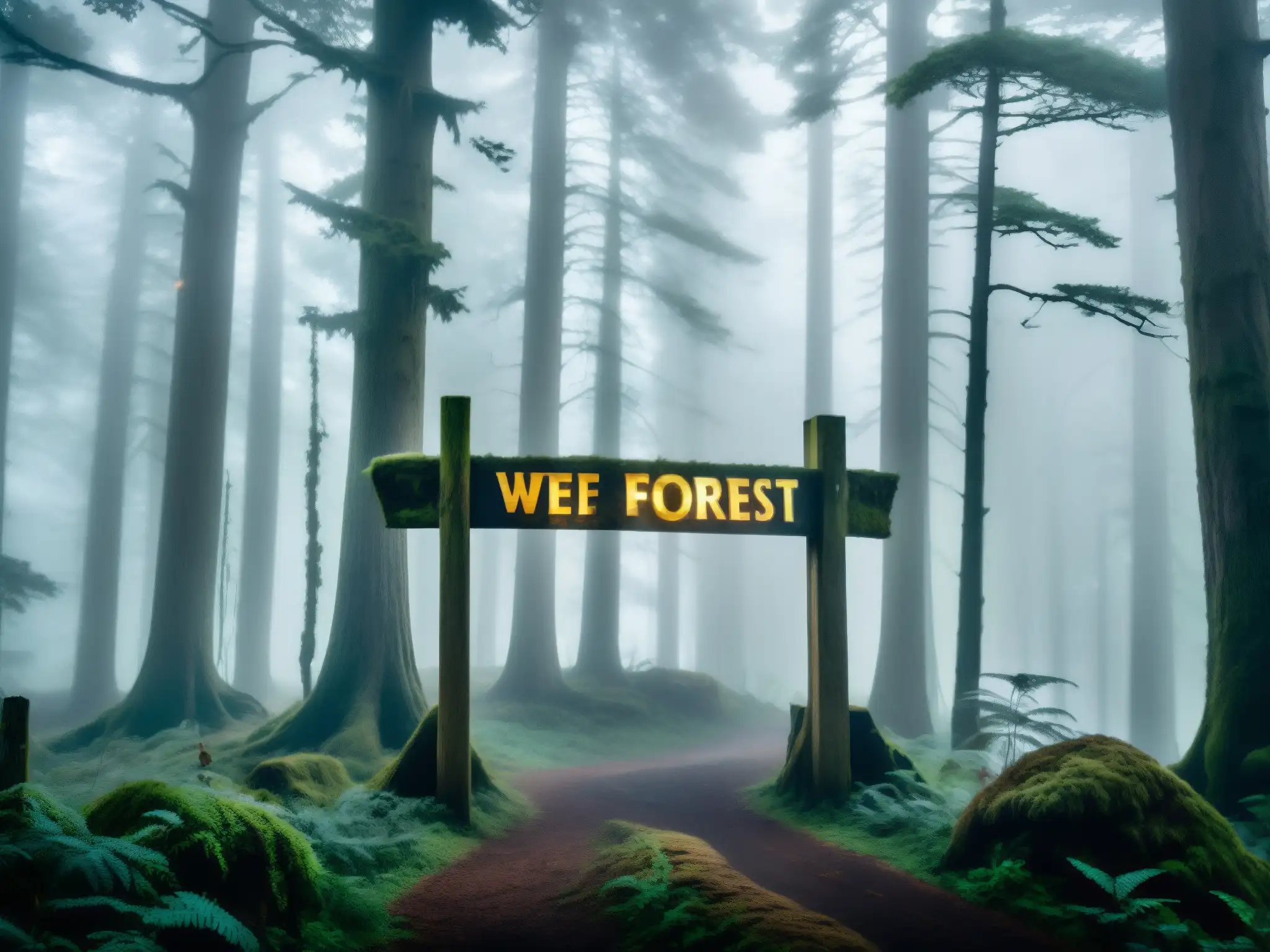 Imagen de un bosque brumoso con árboles antiguos y una atmósfera misteriosa, evocando la desaparición misteriosa de Roanoke
