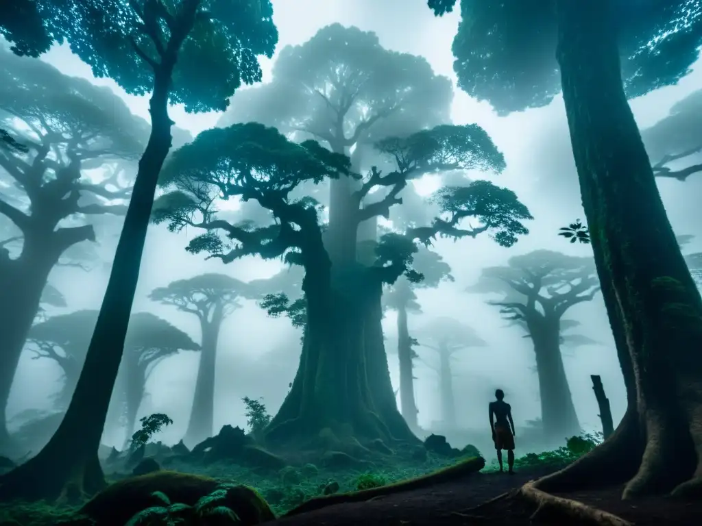 Imagen de un bosque en Costa de Marfil, con árboles antiguos y bioluminiscencia, evocando encuentros sobrenaturales en Côte d'Ivoire