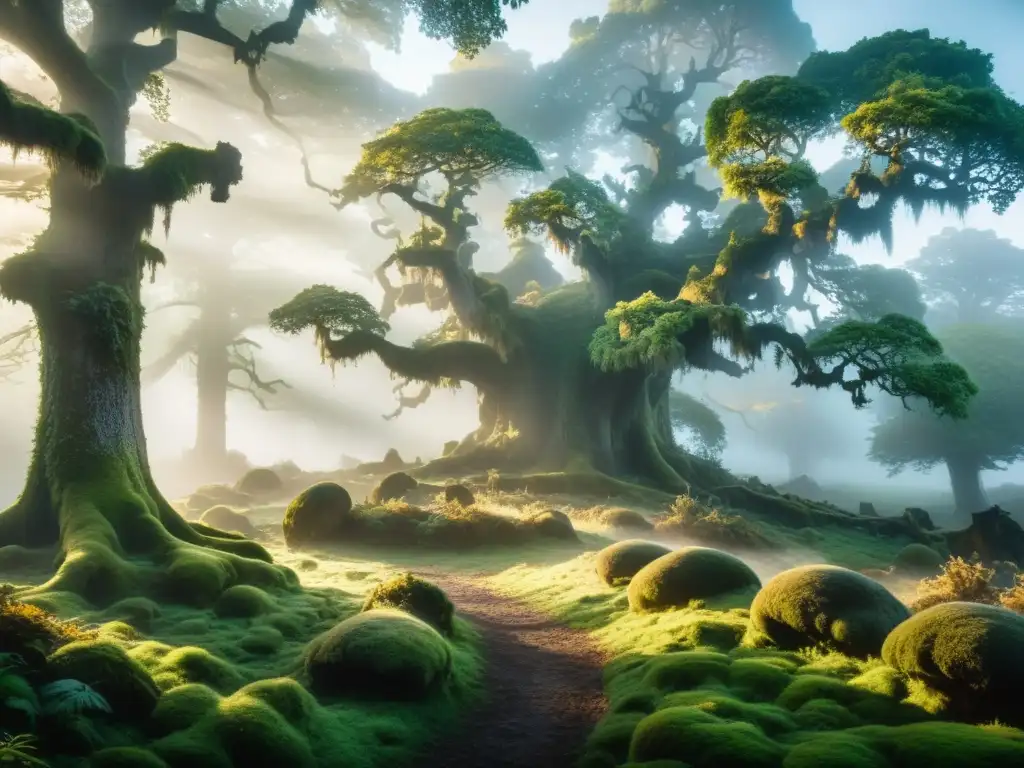 Imagen de un bosque encantado y místico al amanecer, con árboles antiguos envueltos en neblina, evocando el origen mitológico de la Bella Durmiente