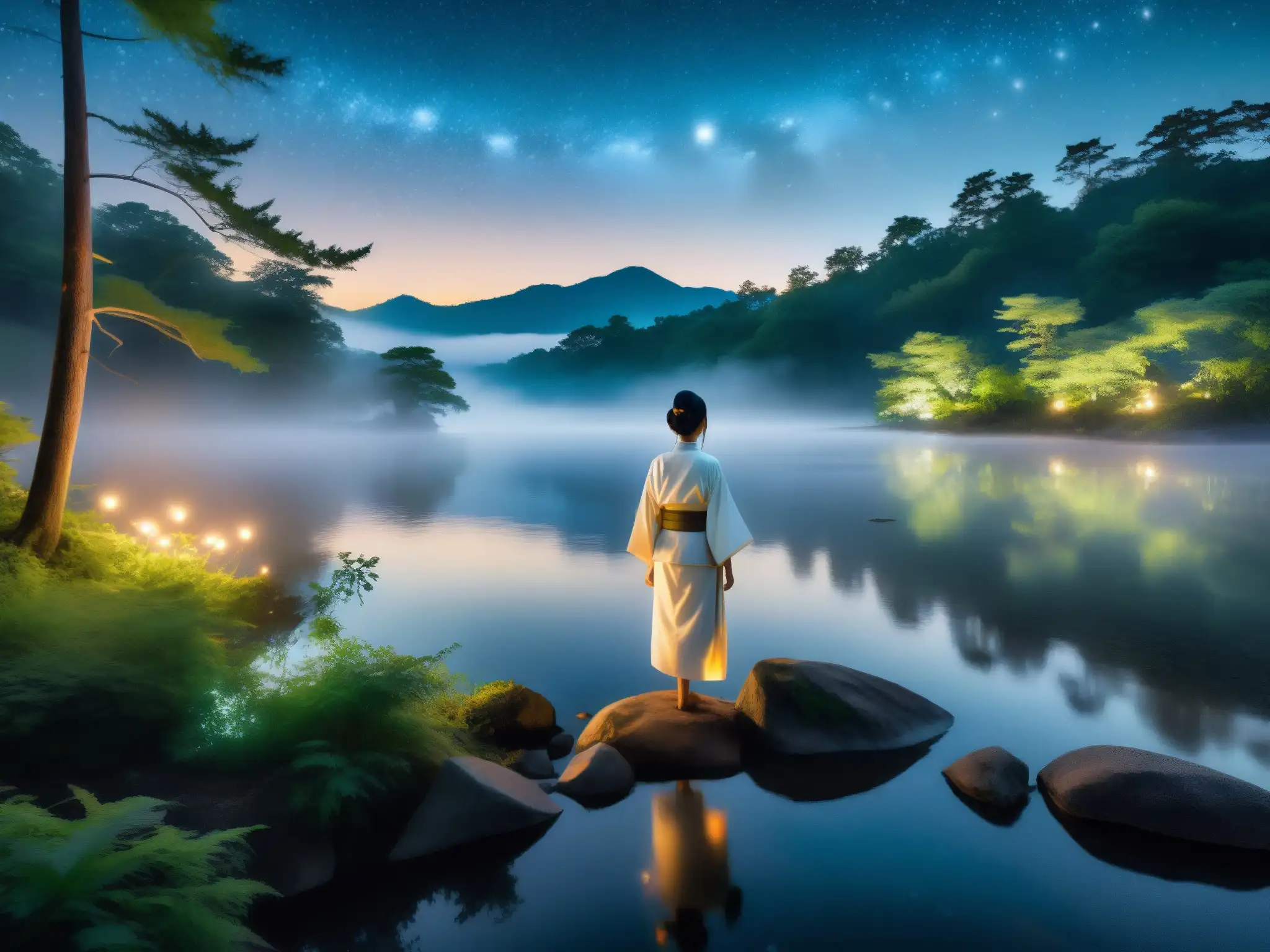 Imagen de un bosque envuelto en niebla con un río sereno y una figura en kimono blanco, evocando una leyenda japonesa de lamento eterno