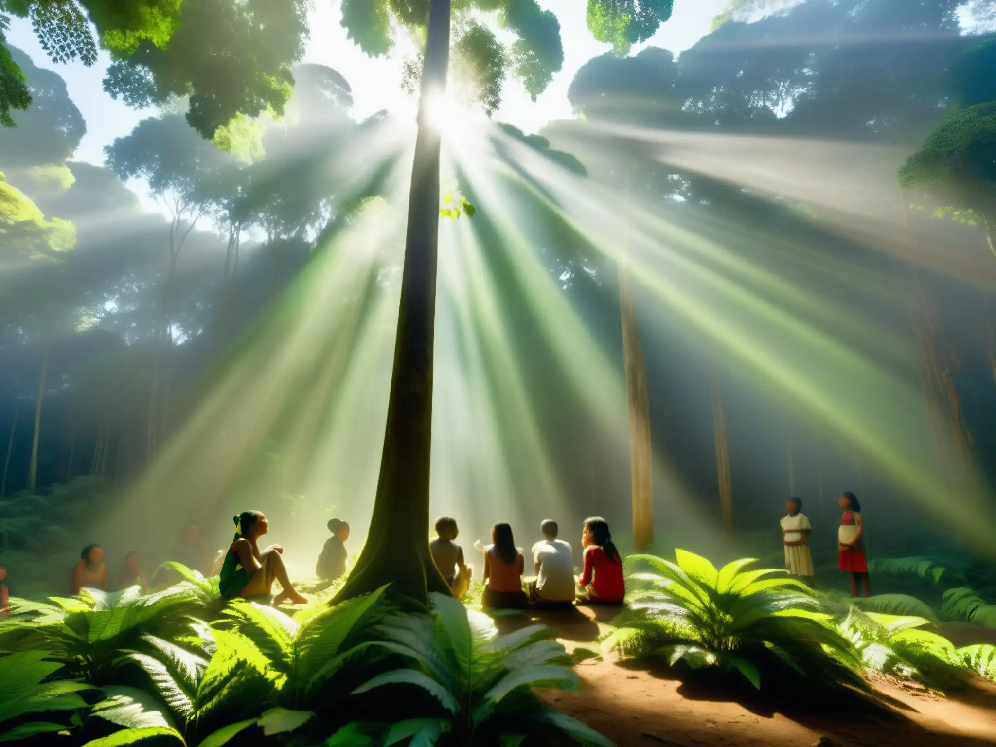 Imagen de un bosque exuberante con niños guaraníes escuchando la leyenda del Jasy Jatere, mito ancestral que moldea su identidad cultural