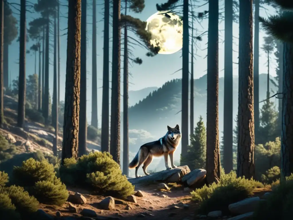 Imagen de un bosque iluminado por la luna en las montañas de Córcega, con árboles densos proyectando sombras misteriosas y el contorno tenue de un lobo aullando en la distancia, capturando la atmósfera misteriosa y embrujada de la ley