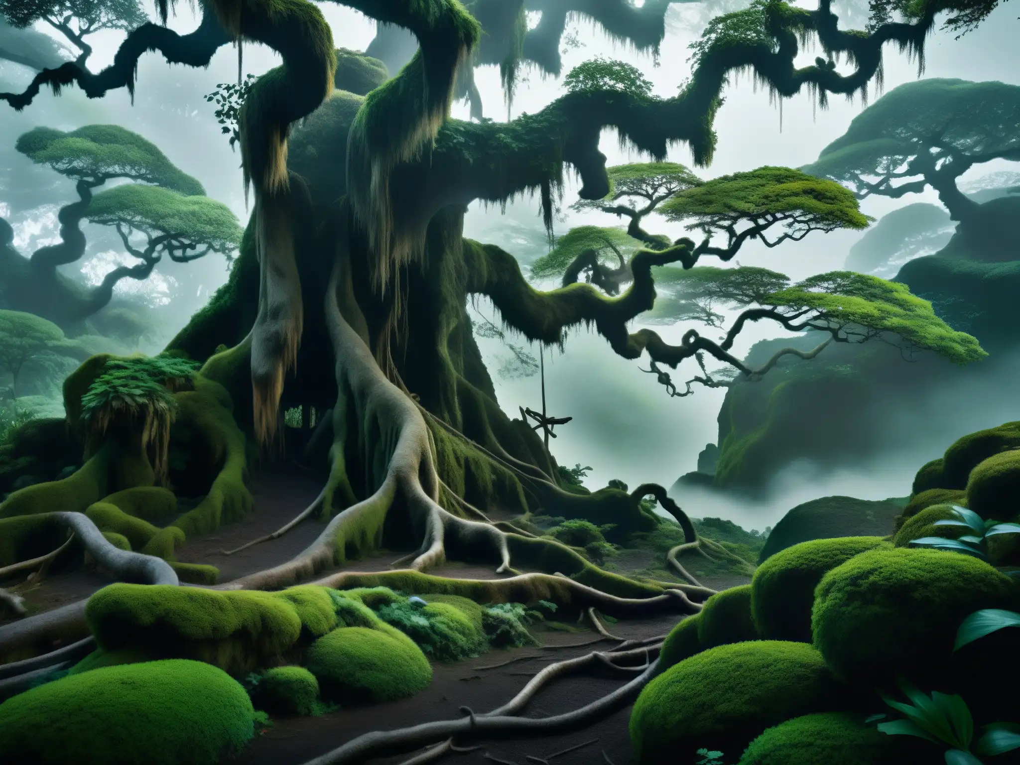 Imagen 8k de un bosque japonés antiguo y neblinoso con árboles retorcidos y enredaderas, creando una atmósfera misteriosa
