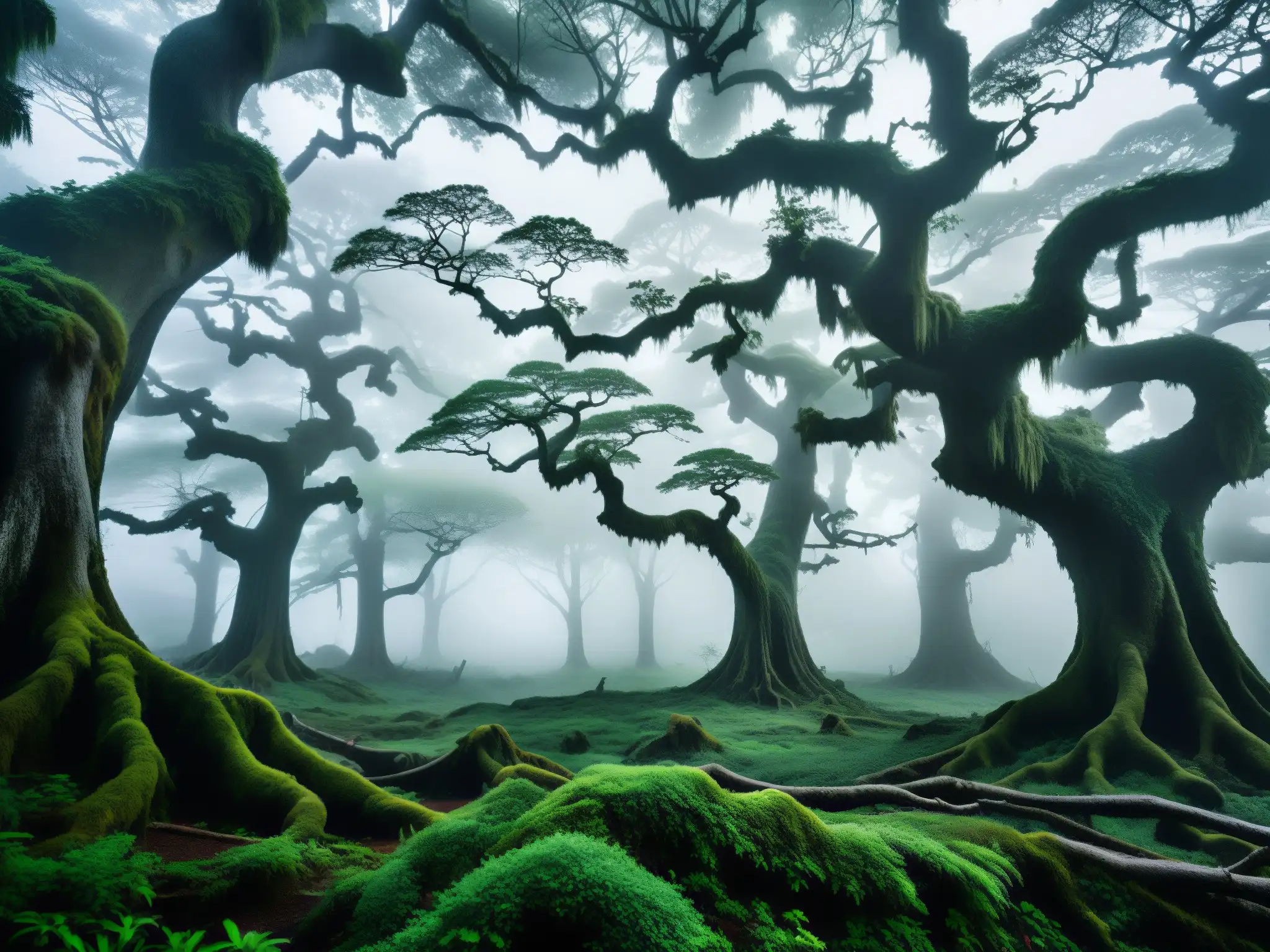 Imagen de un bosque japonés neblinoso, con árboles antiguos y telarañas delicadas brillando con rocío, evocando la presencia misteriosa de la Jorogumo tejedora de trampas