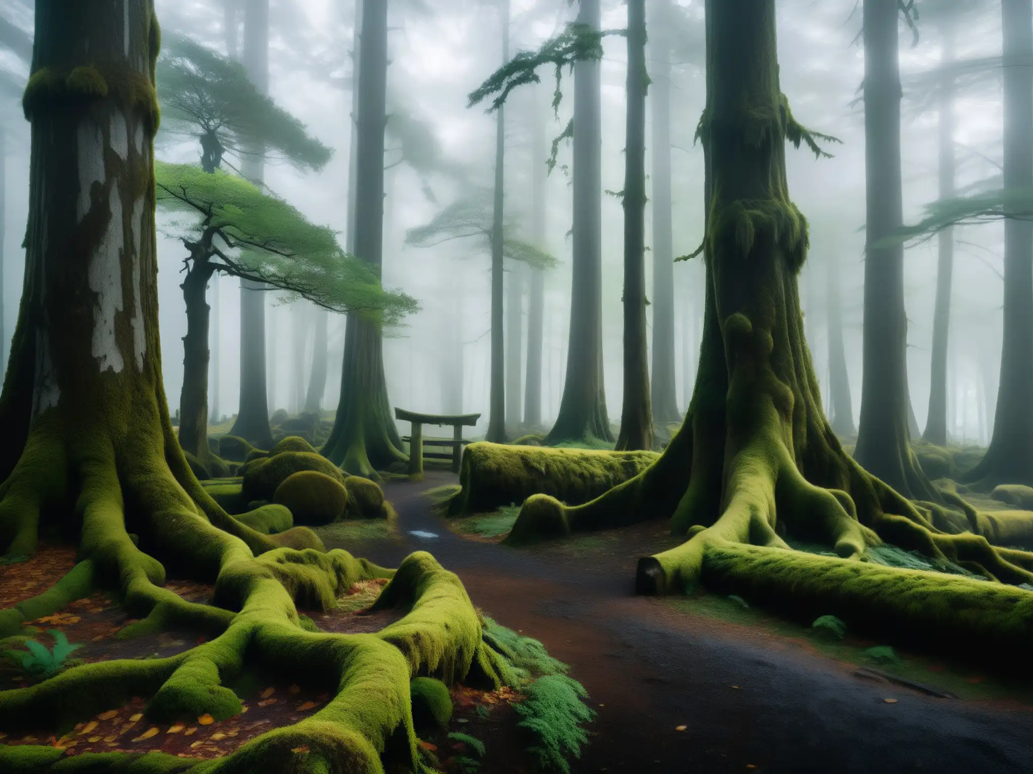 Imagen de un bosque misterioso en Japón, con árboles antiguos cubiertos de musgo y niebla, evocando leyendas urbanas japonesas y videojuegos