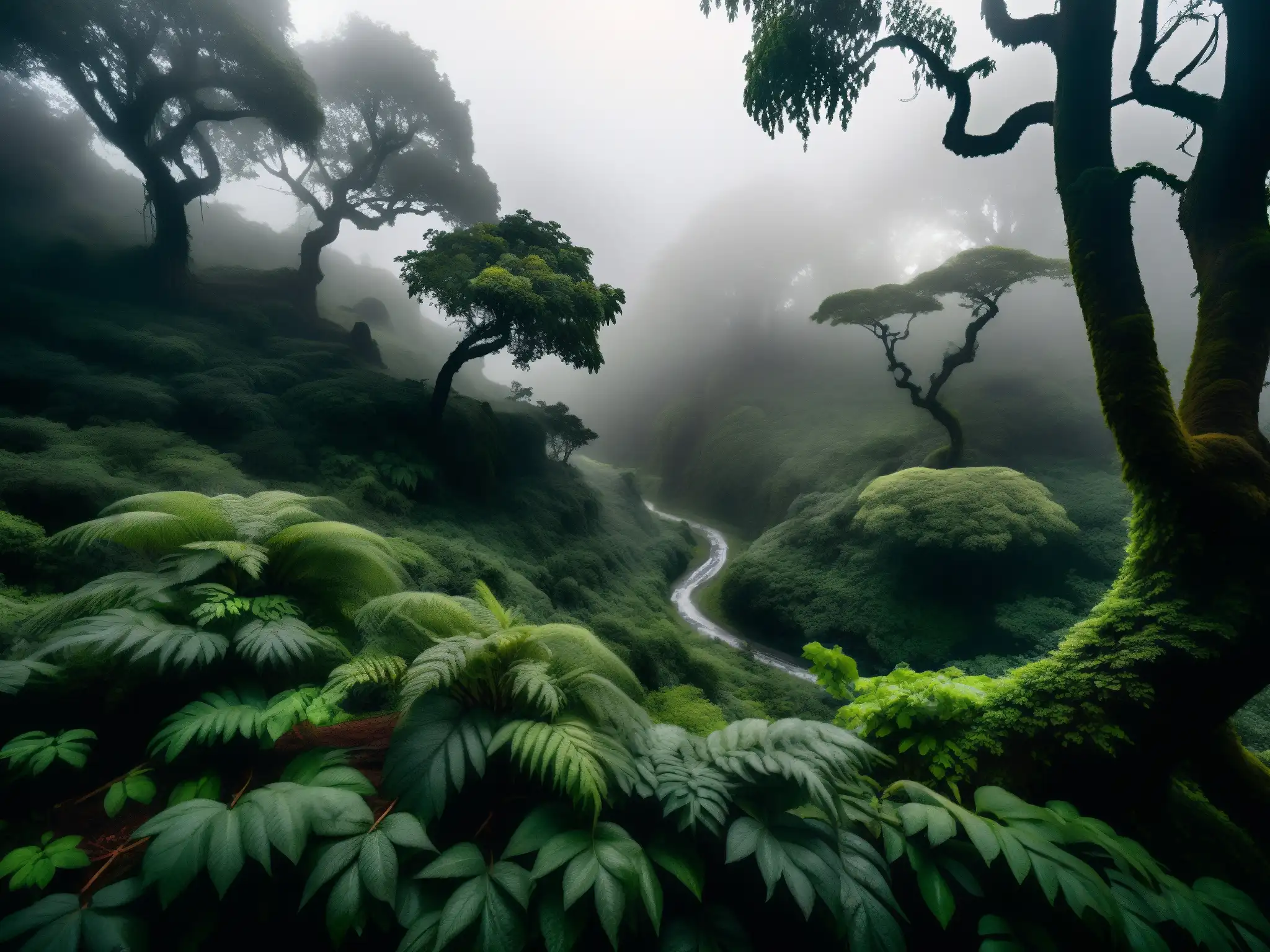 Imagen del bosque misterioso en Chile con avistamientos del culebrón, serpiente legendaria entre la vegetación densa y la niebla