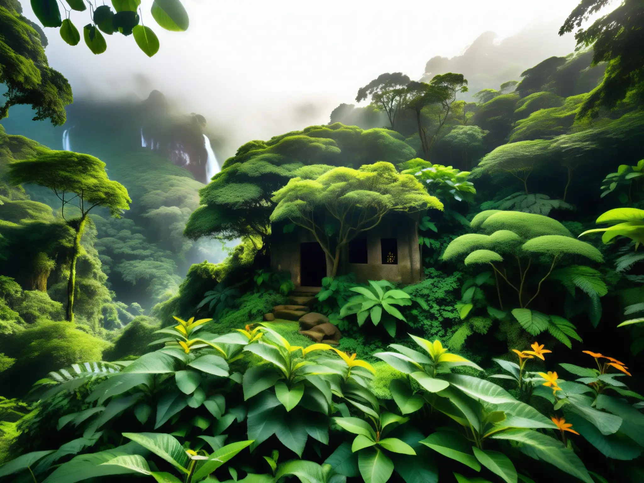 Imagen de un bosque misterioso y encantador en la selva suramericana, hogar de duendes según mitos y leyendas urbanas