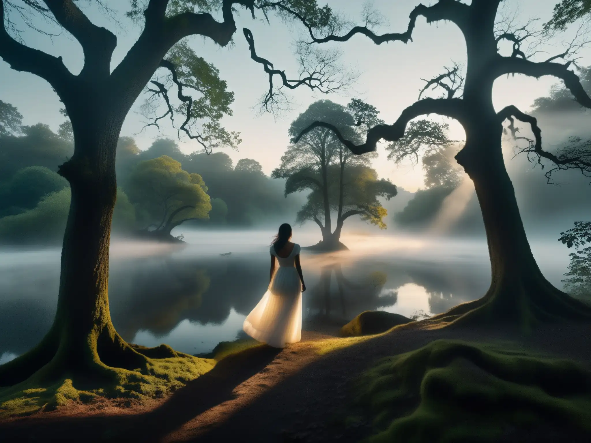 Imagen de un bosque neblinoso y lúgubre con la silueta de una mujer junto a un río oscuro
