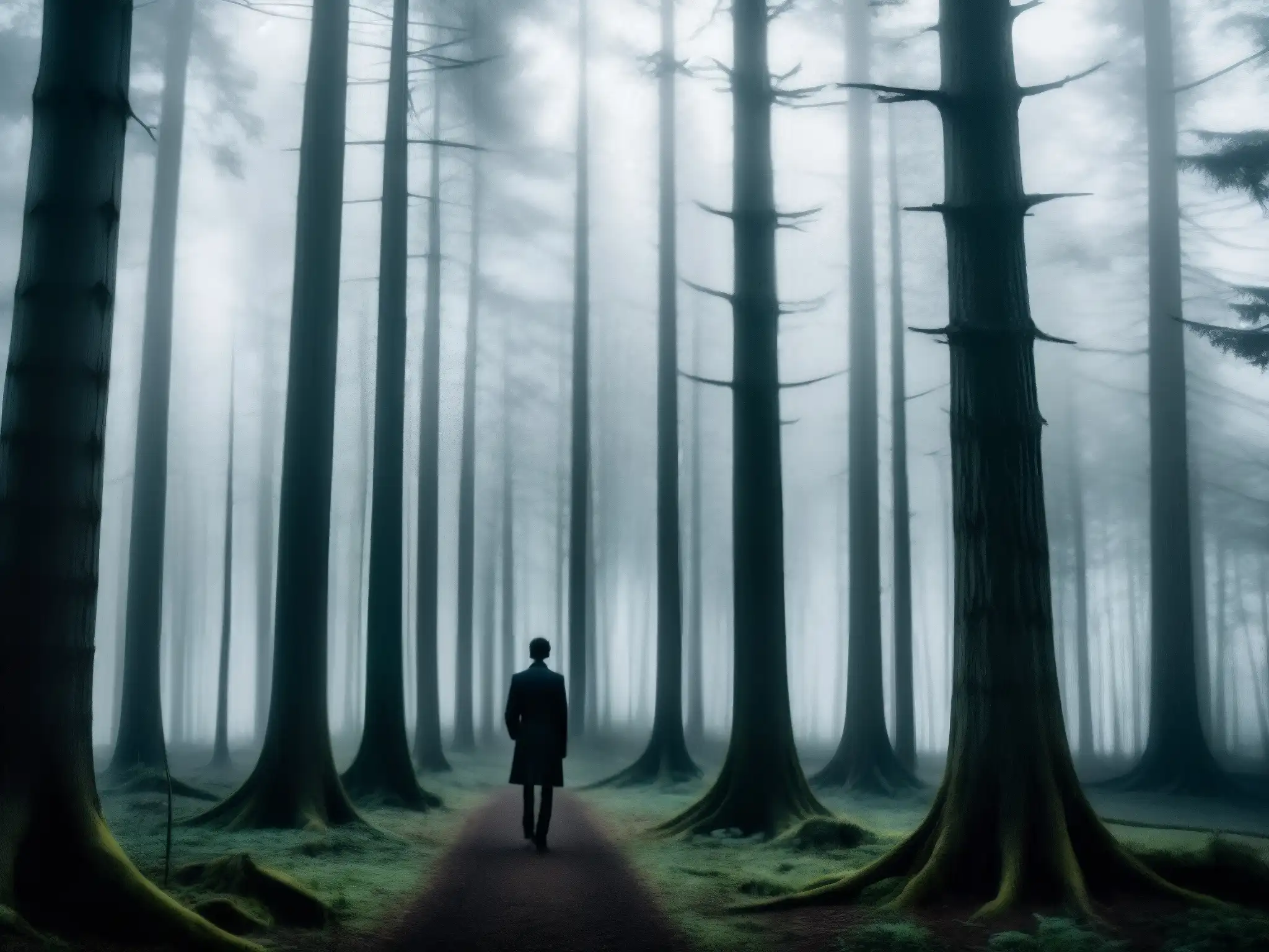 Imagen de un bosque neblinoso y oscuro con árboles altos