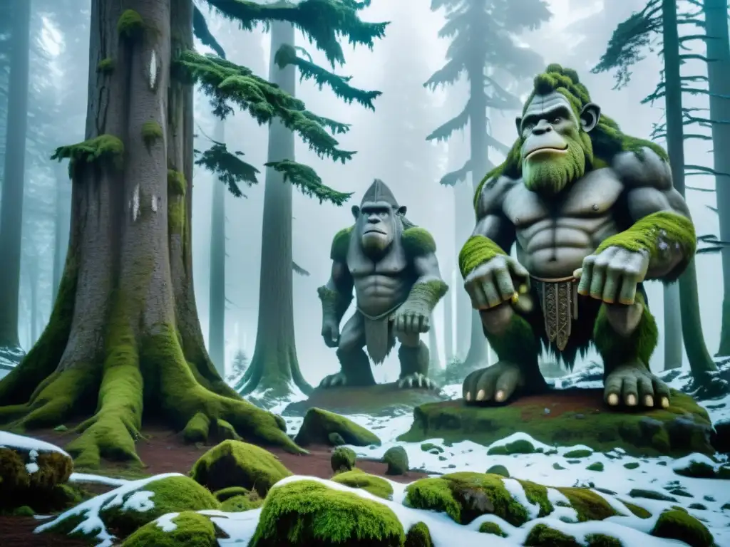 Imagen de un bosque nevado y brumoso con estatuas antiguas de trolls, evocando misterio y poder natural