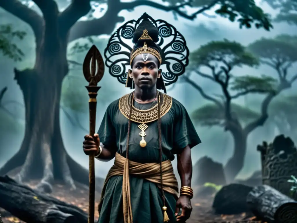 Imagen de un bosque oscuro y misterioso con un figura Ashanti sosteniendo un bastón ceremonial, evocando la maldición Akokhan y el folklore Ashanti