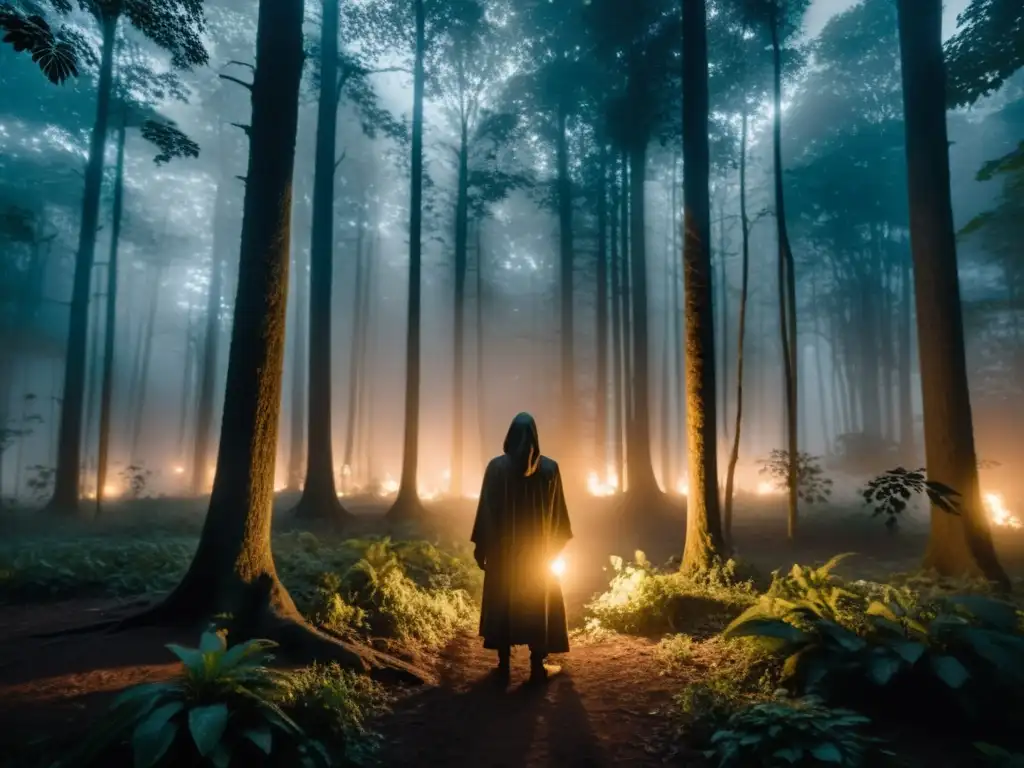 Imagen de un bosque oscuro en la noche de la Côte d'Ivoire, con neblina misteriosa y una figura con ojos brillantes