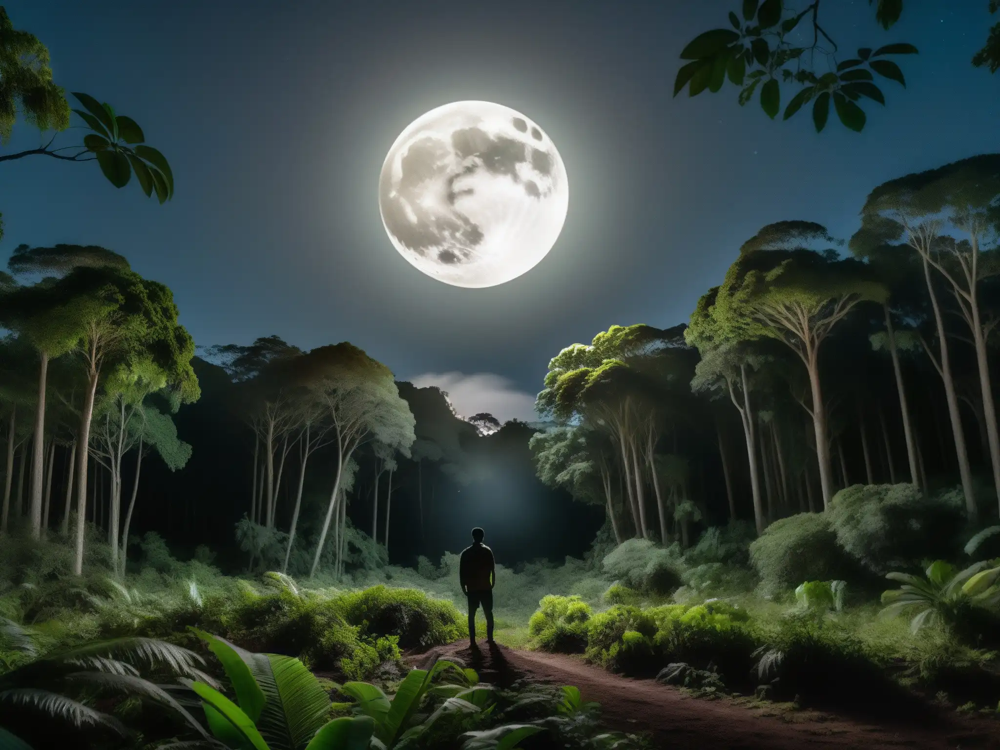 Imagen de un bosque sudamericano iluminado por la luna llena, con un misterioso ser parcialmente oculto entre la vegetación