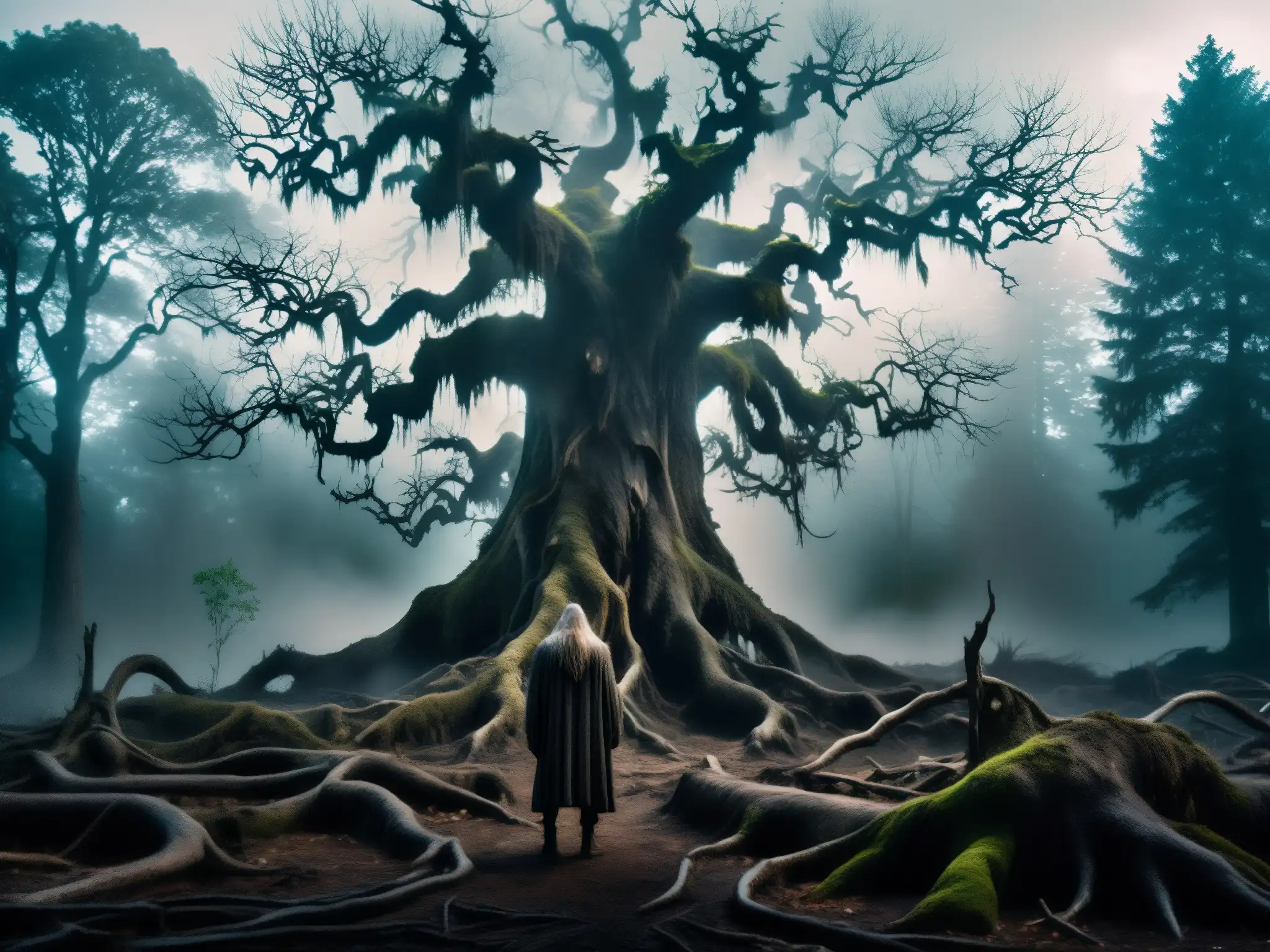 Imagen de un bosque tenebroso con un espíritu vengativo emergiendo, evocando la leyenda de El Guayabo de la Yuca