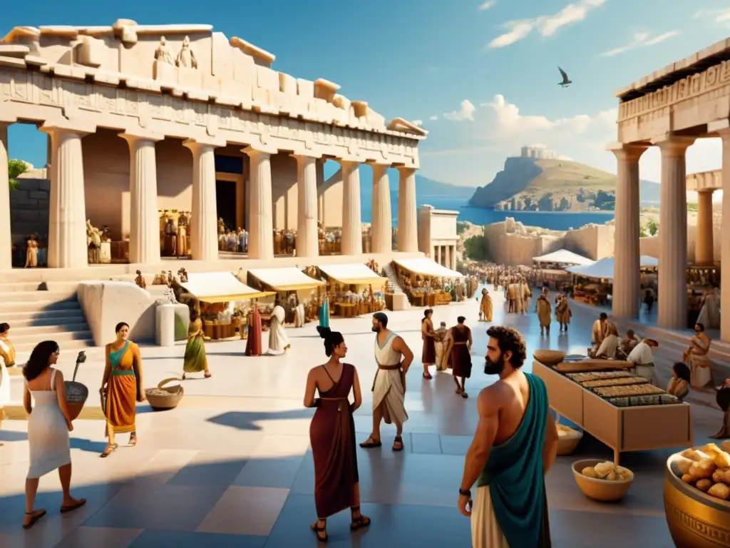 Imagen 8k de un bullicioso mercado griego antiguo con una discusión entre dioses, evocando el origen de la guerra mitológica
