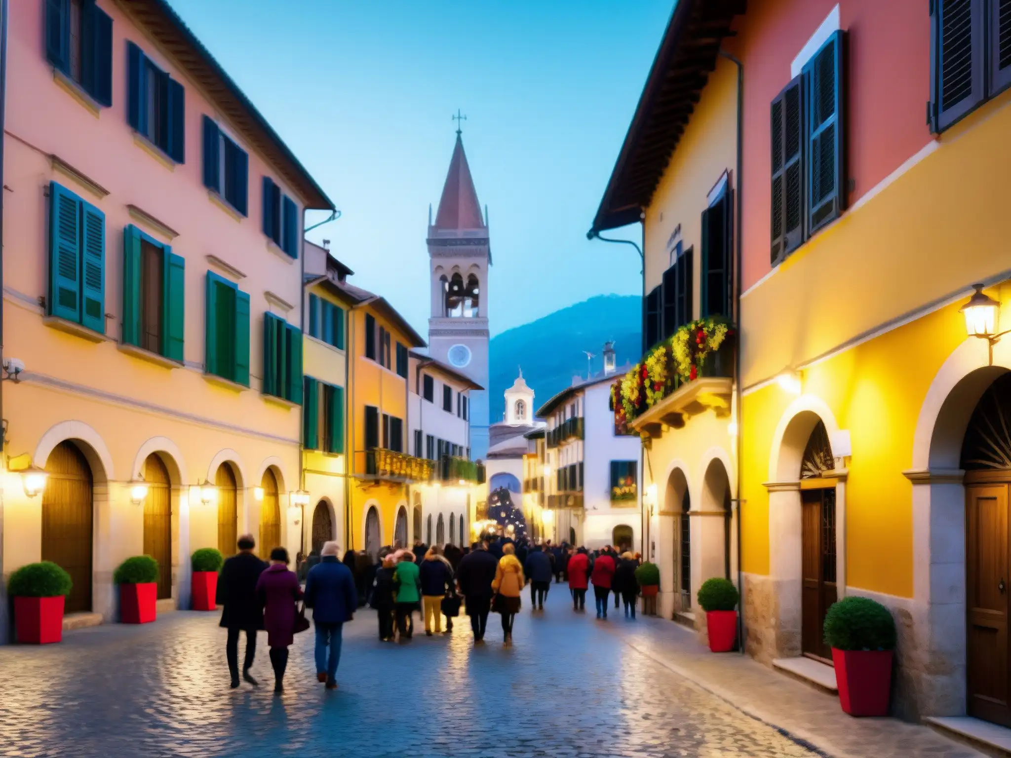 Imagen de un bullicioso pueblo italiano durante la temporada festiva, con calles empedradas, edificios coloridos y decoraciones festivas