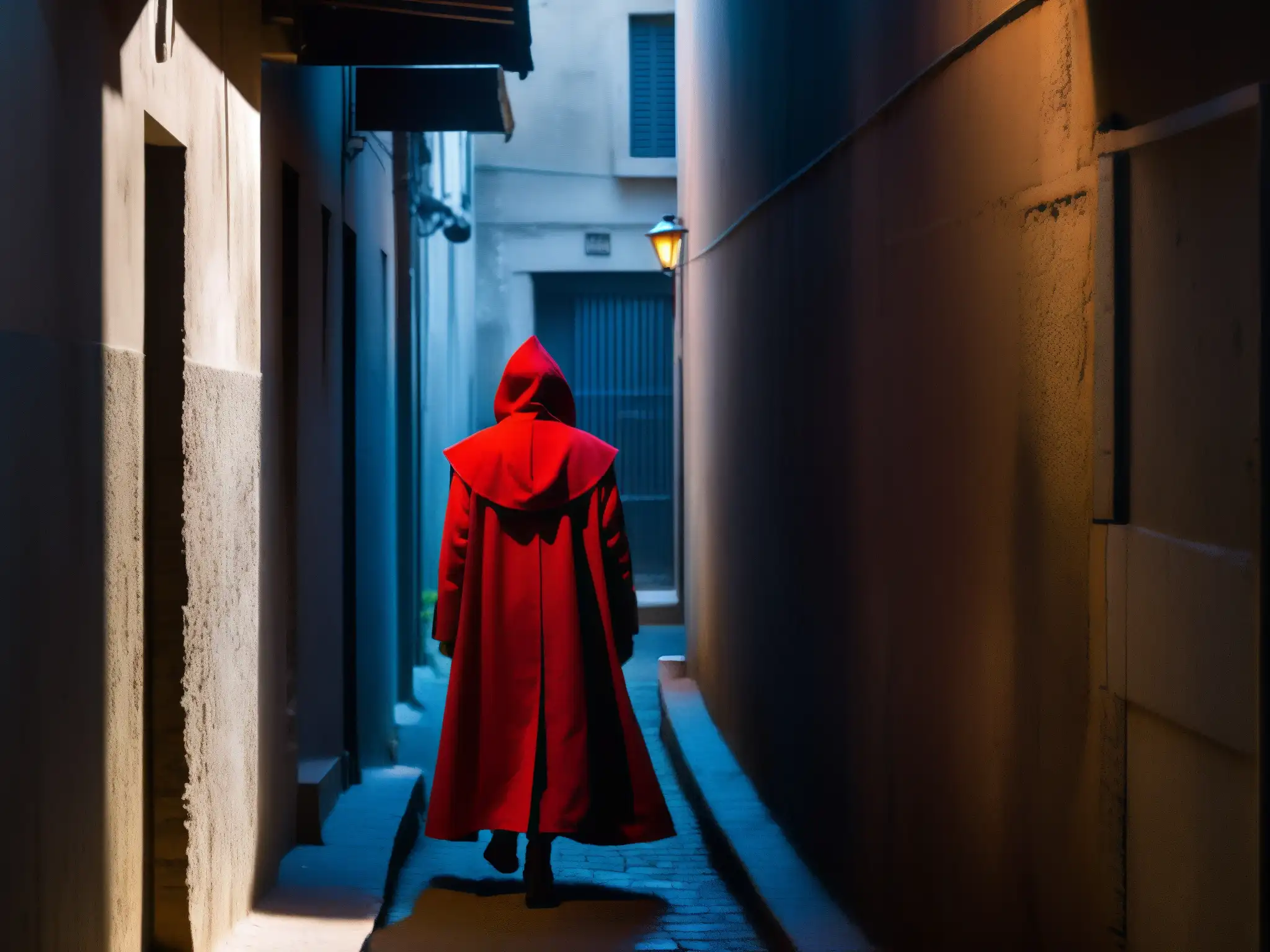 Imagen de callejón oscuro con misteriosa figura en rojo, evocando el mito de La Dama de Rojo de la Calle de la Quemada