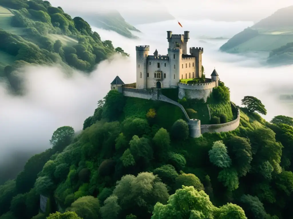 Imagen de un castillo cubierto de hiedra en la niebla, con la enigmática figura de la Dama Blanca