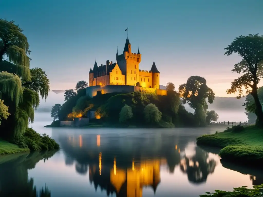 Imagen de un castillo medieval europeo envuelto en niebla junto a un lago tranquilo al atardecer, con figuras misteriosas