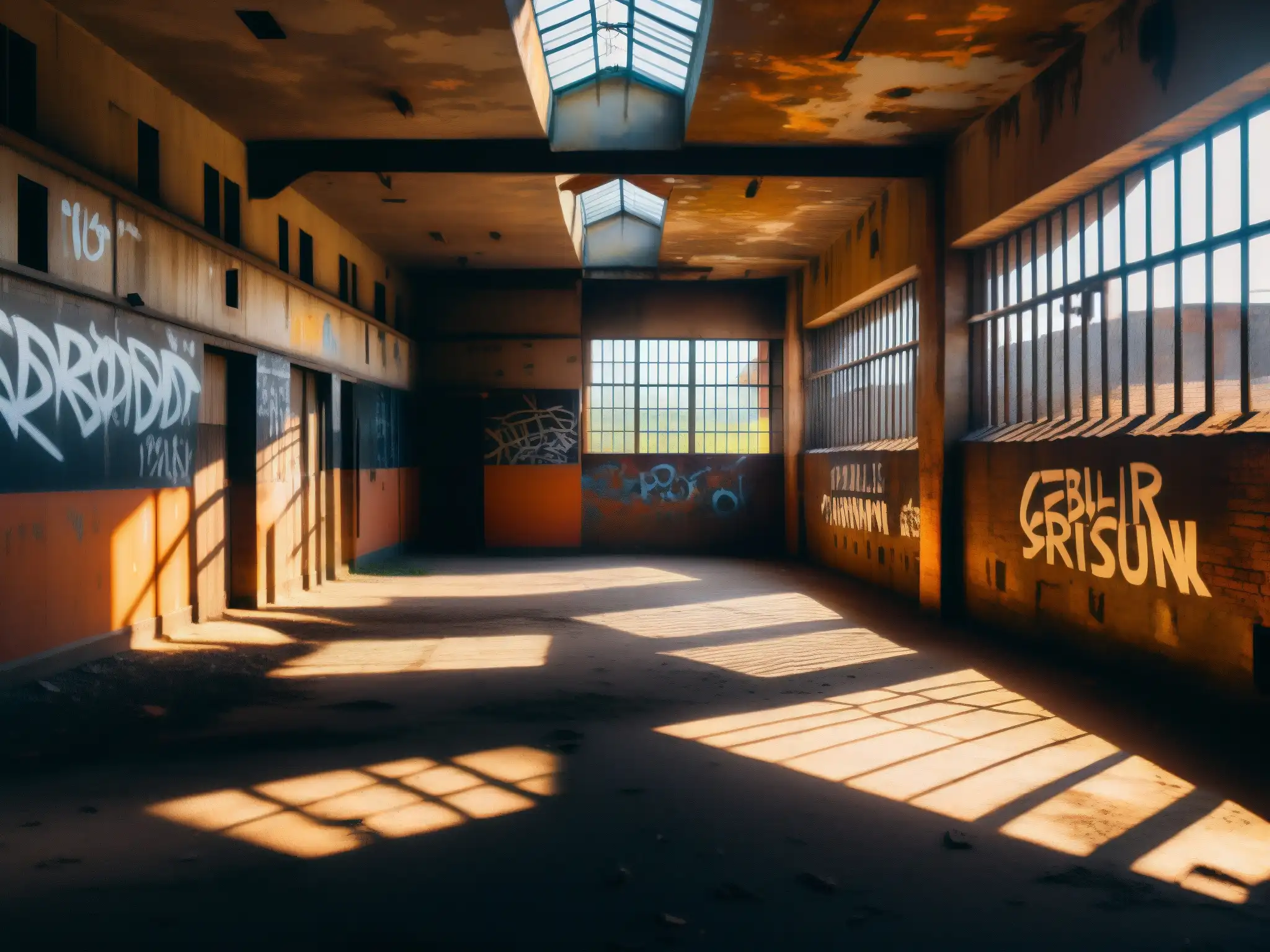 Imagen 8k de la prisión celular abandonada, muestra paredes en ruinas con graffiti, rayos de luz y sombras, evocando misterio y leyendas urbanas
