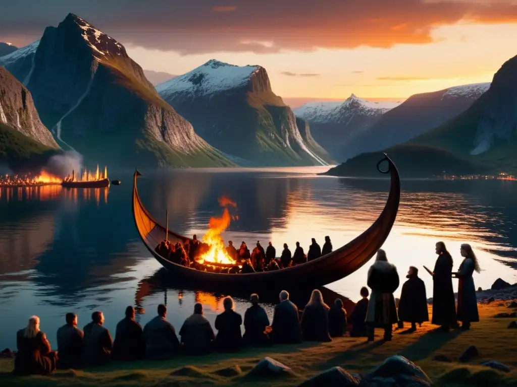 Imagen de una ceremonia funeraria vikinga con un barco en llamas, rodeado de dolientes vestidos con atuendo nórdico tradicional