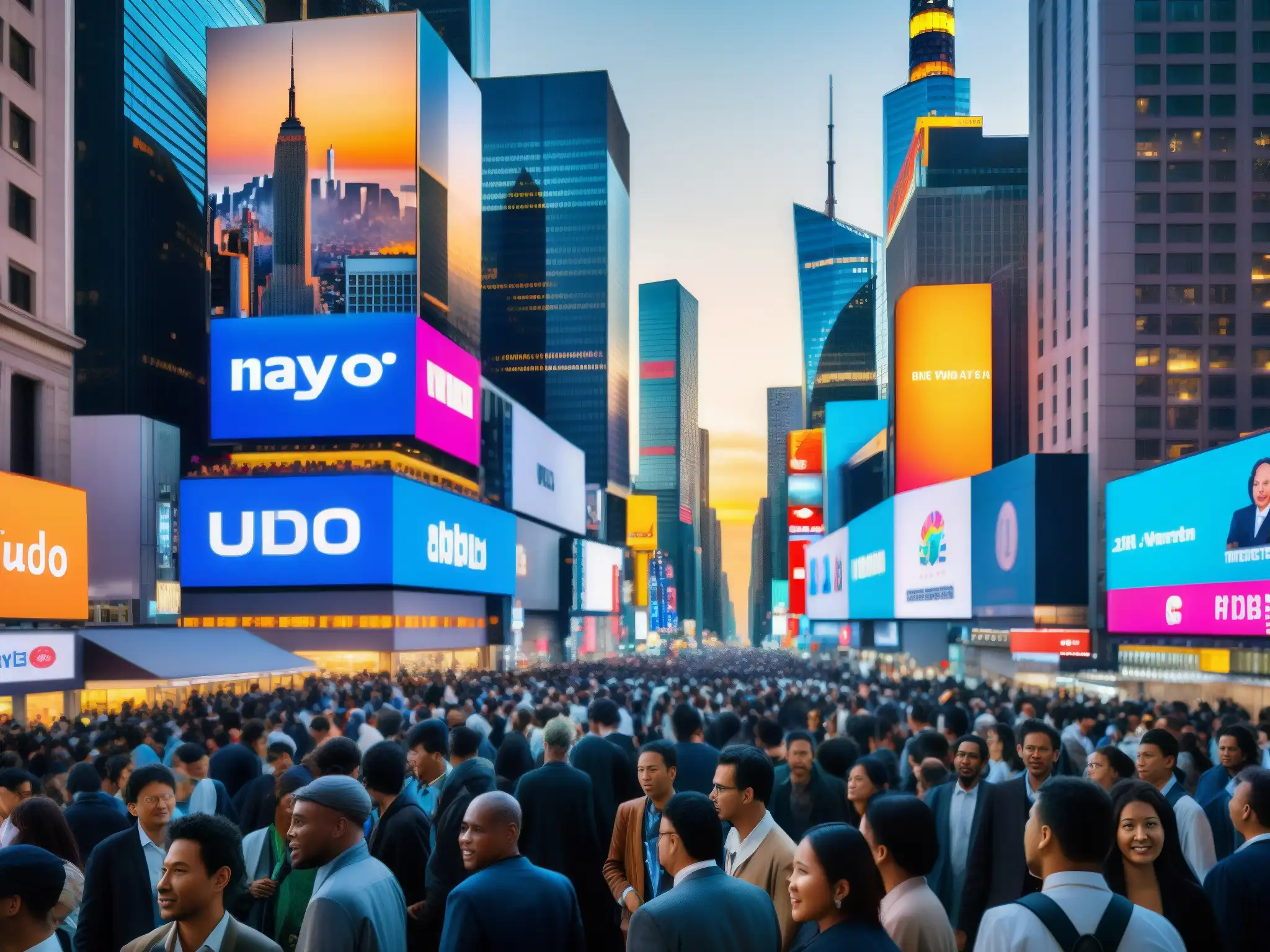 Una imagen de la ciudad moderna, con rascacielos, calles llenas de gente y tecnología, capturando el espíritu del 'El Nuevo Orden Mundial análisis'