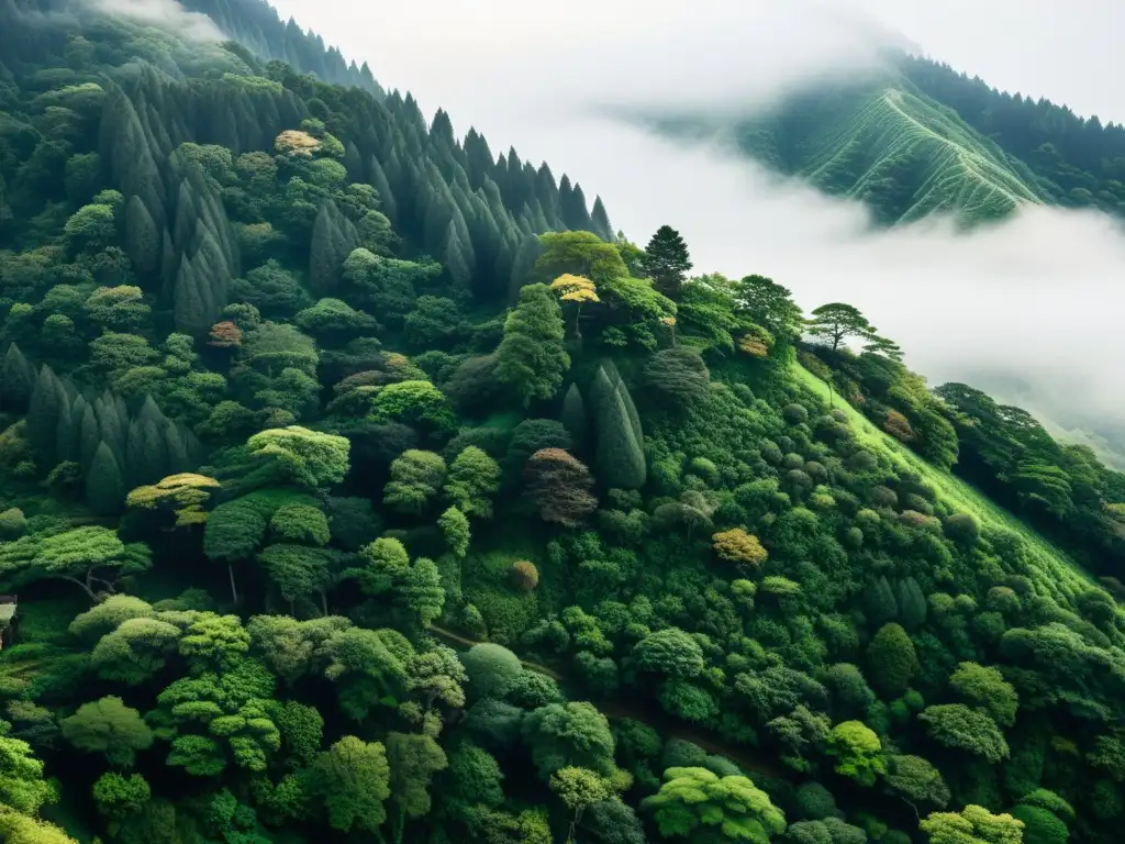 Imagen de montaña cubierta de niebla en Ubasuteyama, Japón, evocando la serenidad y misticismo del antiguo mito y práctica japonesa