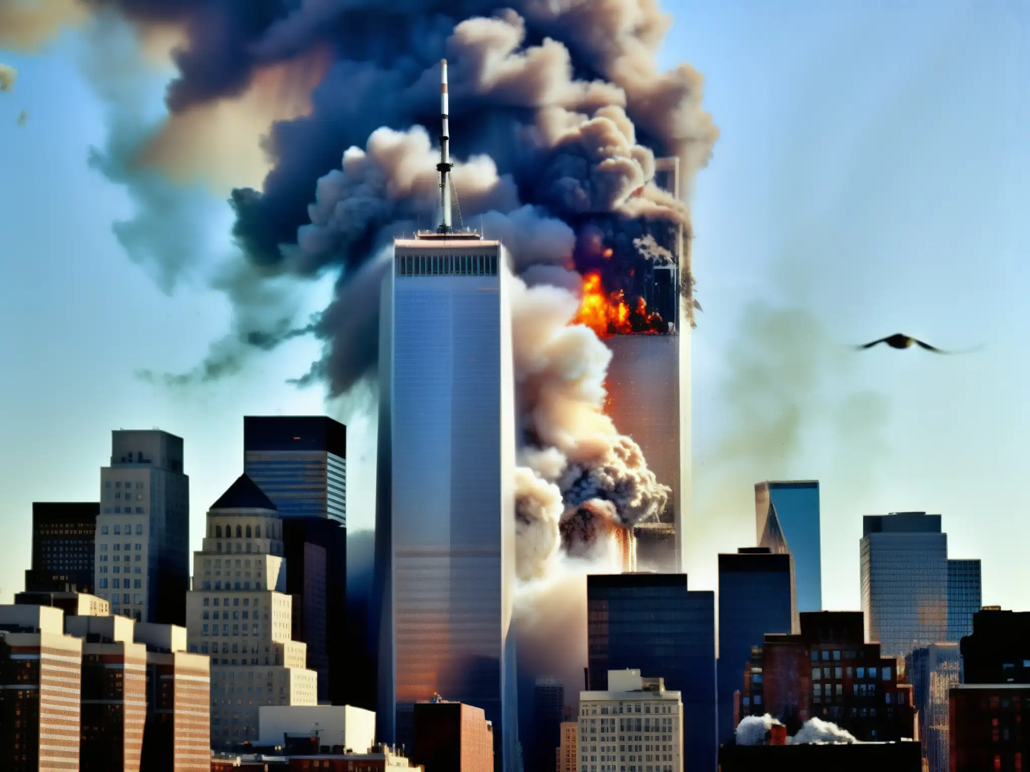 La imagen muestra la demolición controlada de las Torres Gemelas el 11 de septiembre