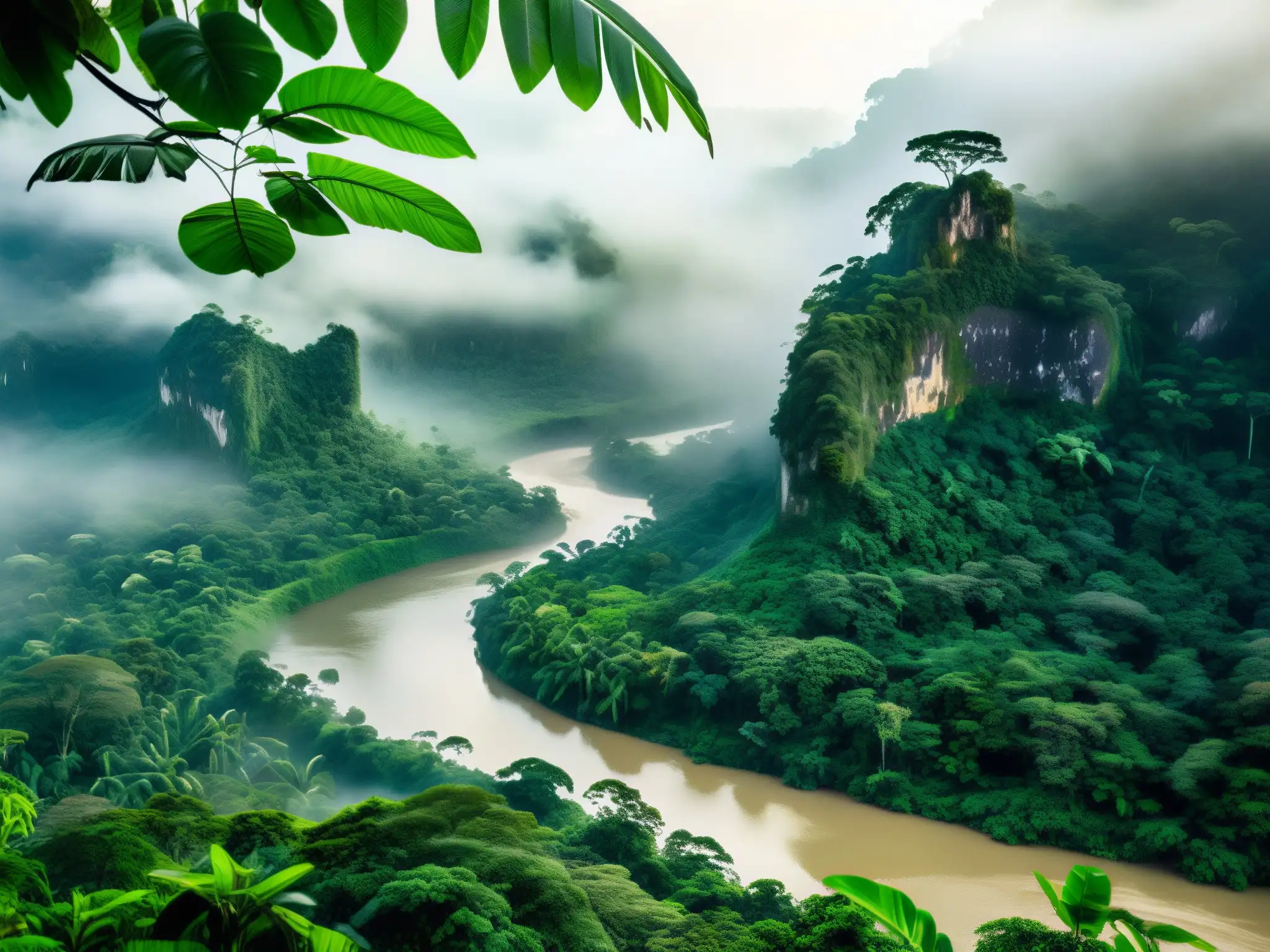 Imagen de la densa selva amazónica con río serpenteante, vegetación exuberante y atmósfera mística
