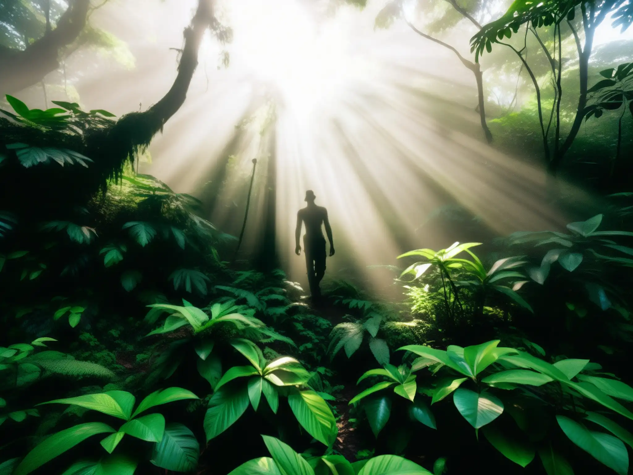 Una imagen de la densa selva colombiana con la misteriosa figura de la Patasola entre la vegetación