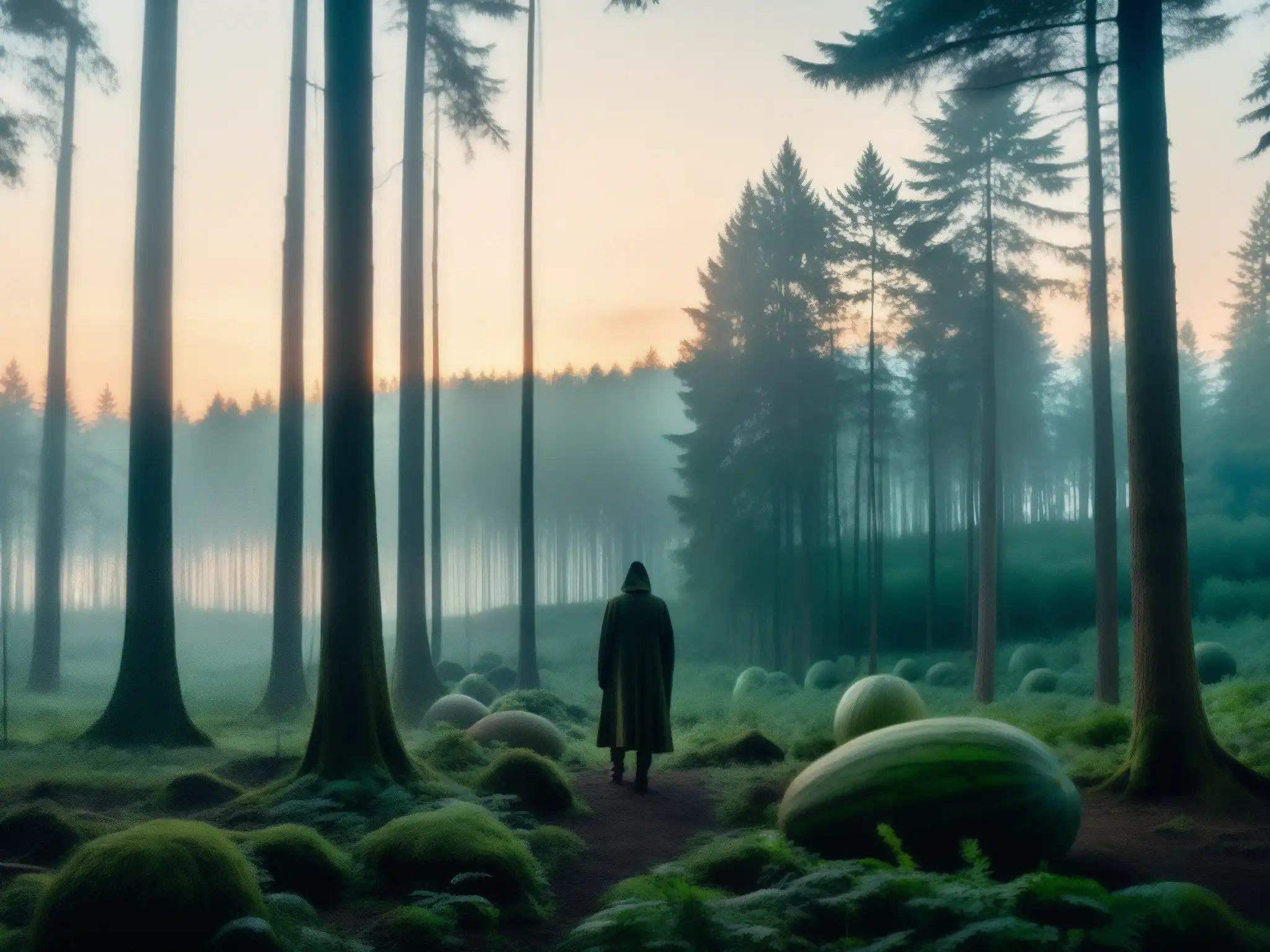 Imagen de un denso bosque al atardecer con una figura misteriosa y aura inquietante, evocando el origen y expansión del mito Melonheads