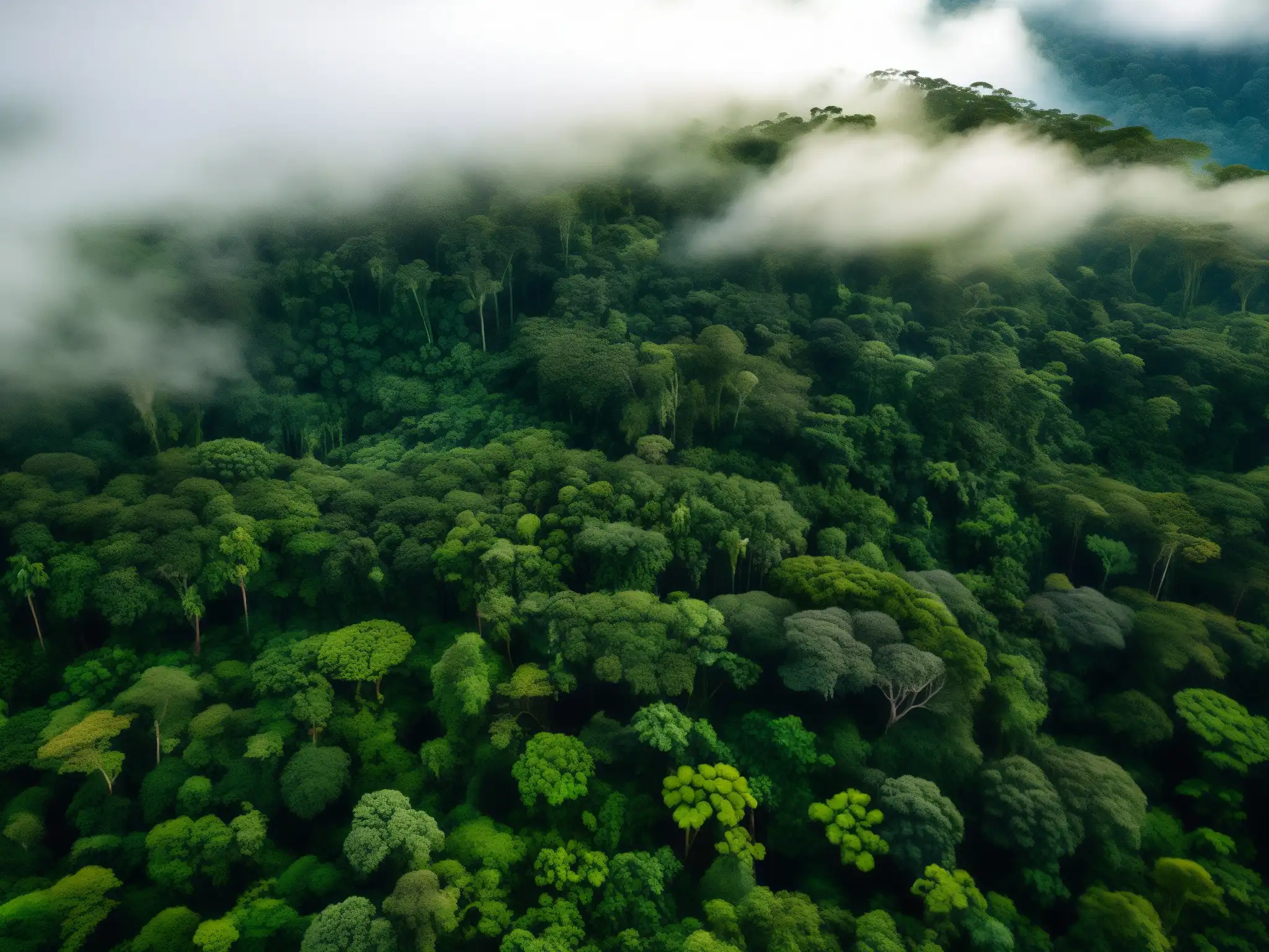 Imagen de un denso y místico bosque amazónico, con juego de luces y sombras, biodiversidad, y la presencia del duende sudamericano
