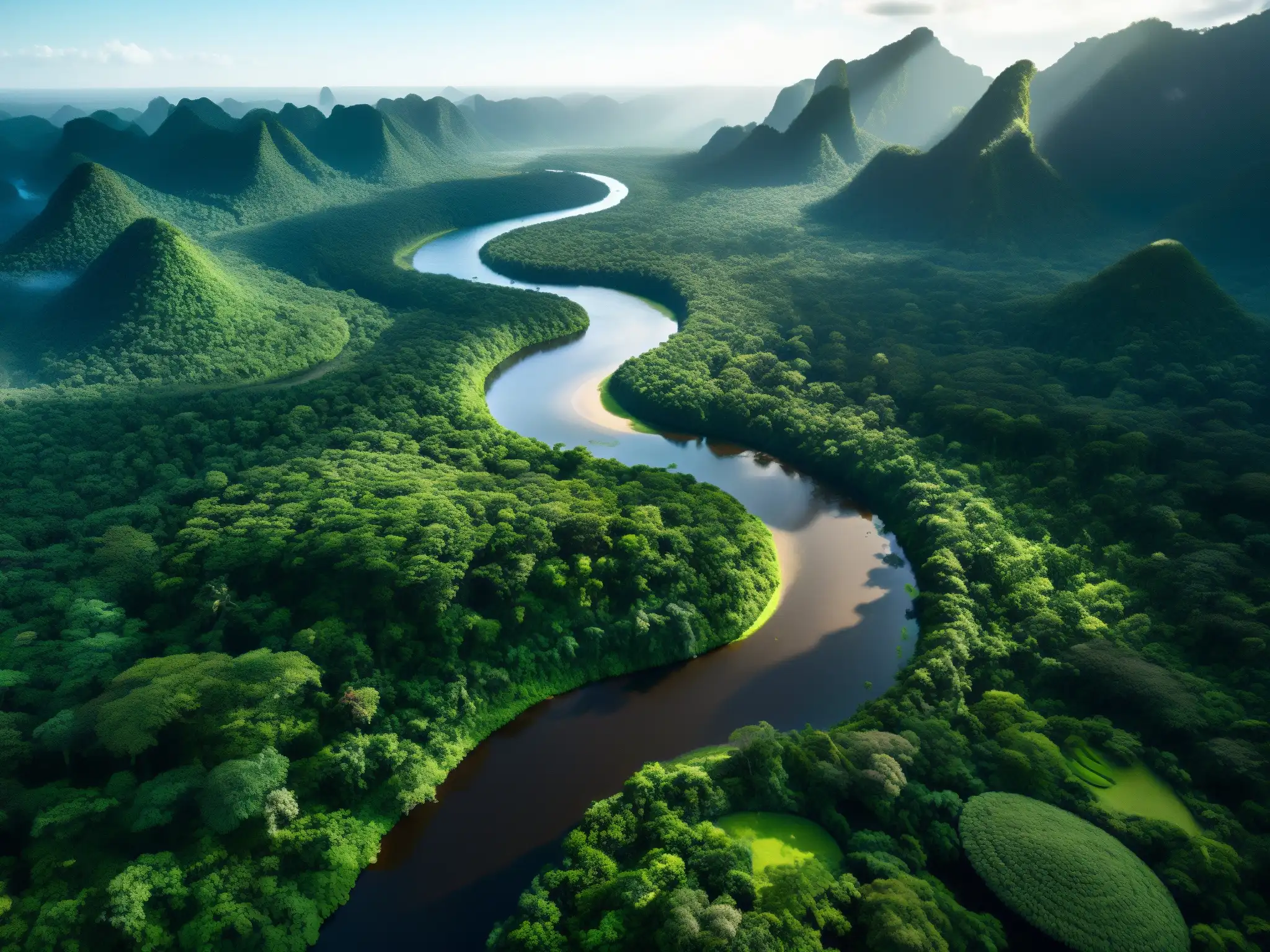 Imagen deslumbrante de la selva amazónica con un río serpenteante, evocando la majestuosidad y misterio de la Yacumama, serpiente gigante Amazonas