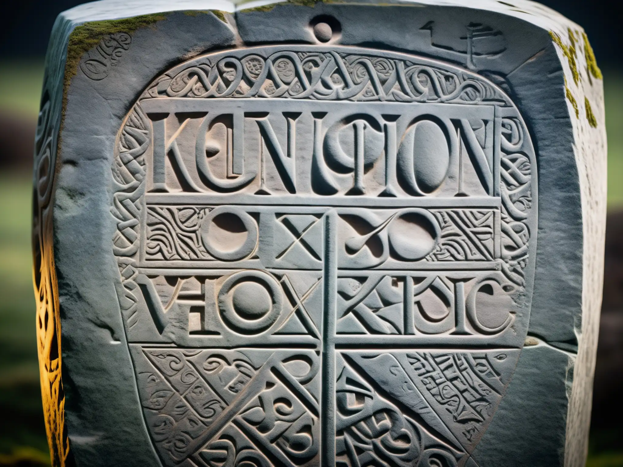 Una imagen detallada y en alta resolución del Runestone de Kensington, mostrando sus intrincados grabados y textura desgastada