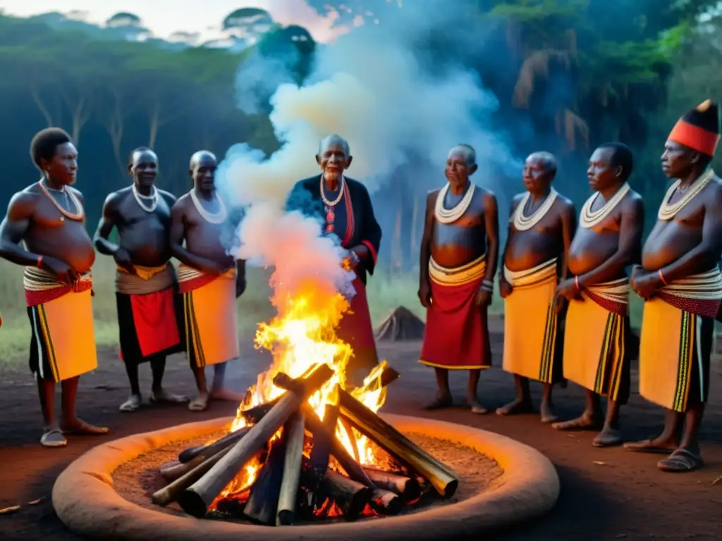 Imagen detallada de ancianos Kakamega en ritual ancestral alrededor de fogata en el bosque de Kenia