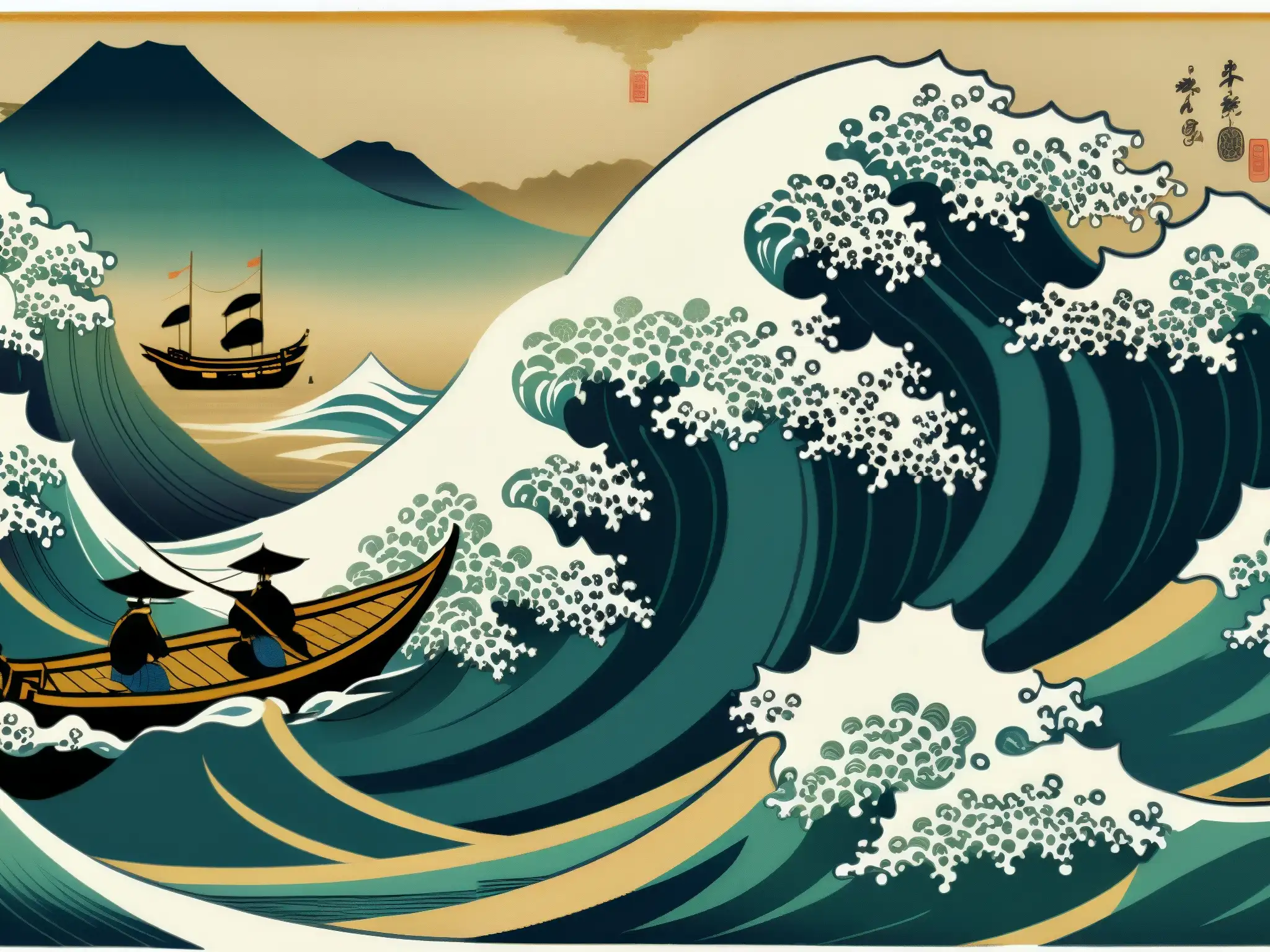 Imagen detallada de un antiguo pergamino japonés que muestra el misterioso fenómeno Utsurobune en el océano, con detalles intrincados y colores ricos
