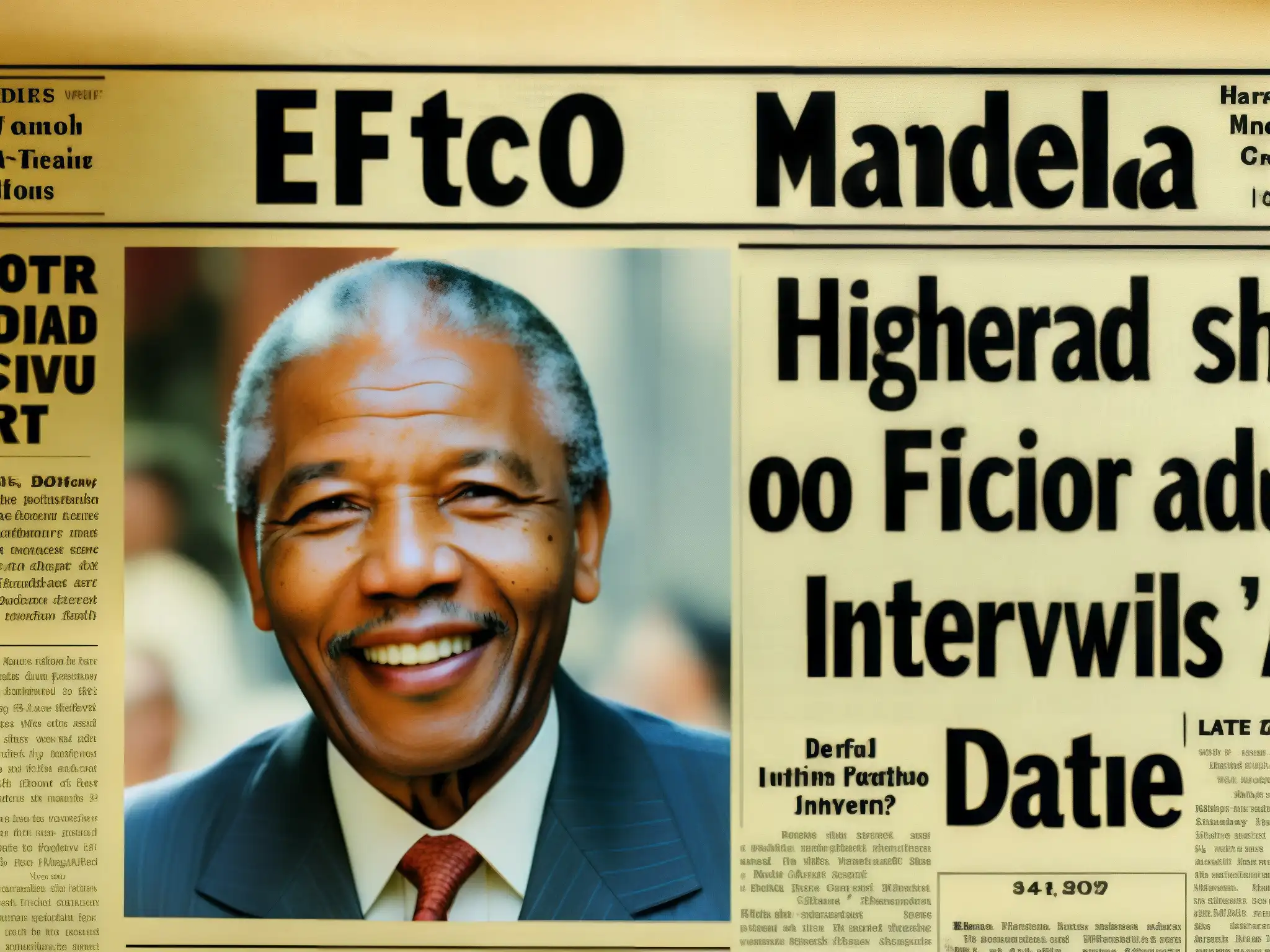 Una imagen detallada de un artículo de periódico vintage sobre el 'Origen del efecto Mandela' rodeado de fotografías icónicas