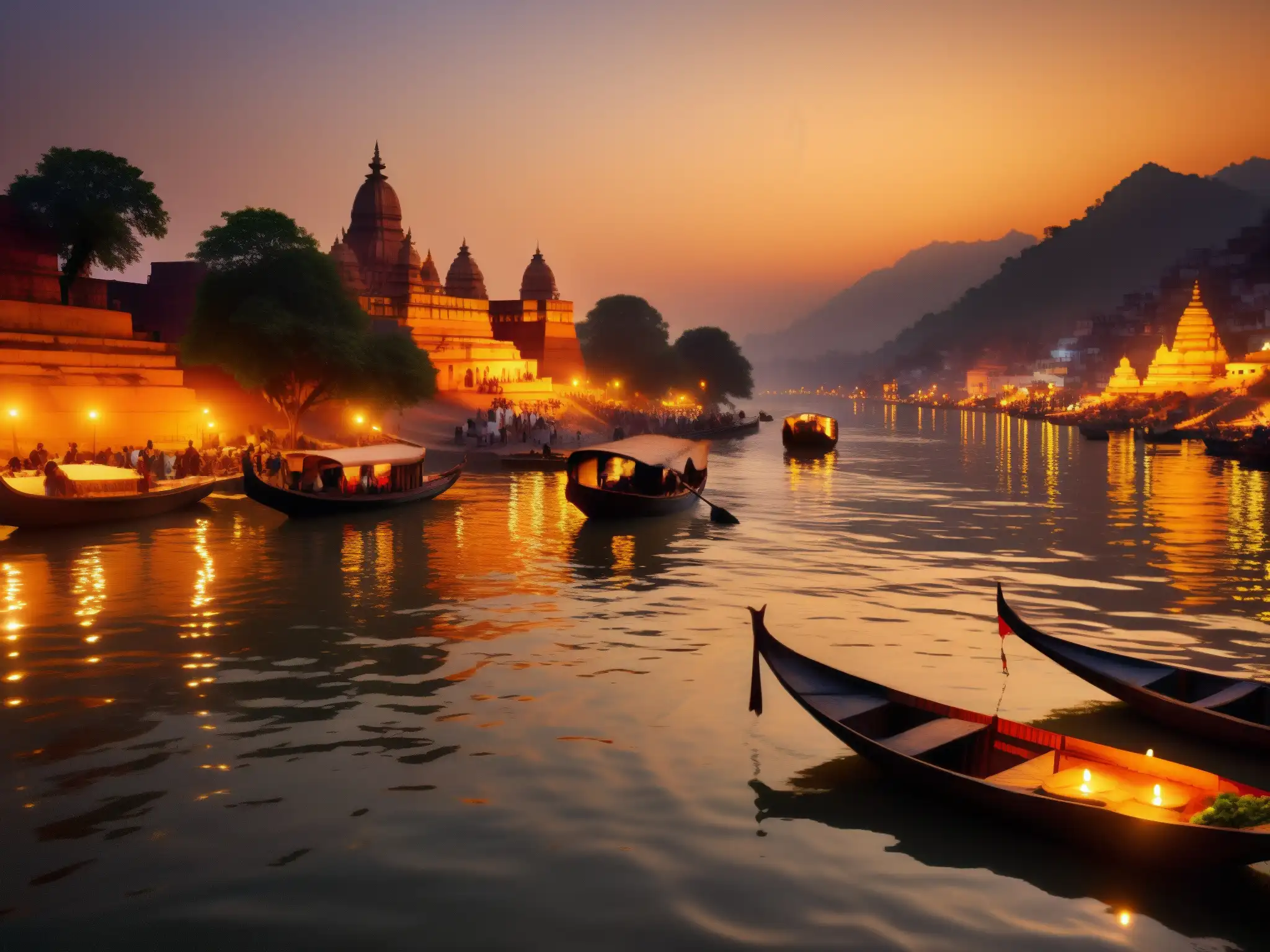 Imagen detallada del Ganges al atardecer, con templos antiguos y ghats en la ribera