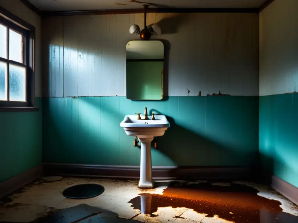 Imagen detallada de un baño abandonado con pintura descascarada, azulejos agrietados y una luz tenue