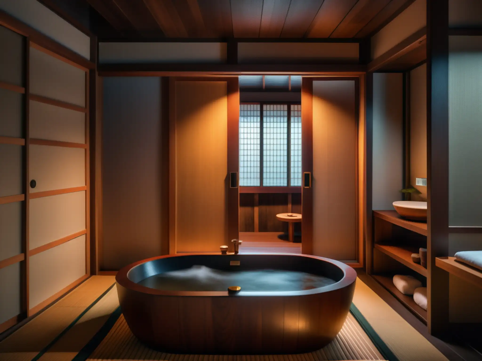 Imagen detallada de un baño japonés tradicional con una figura en capa roja en la esquina, envuelta en una atmósfera misteriosa