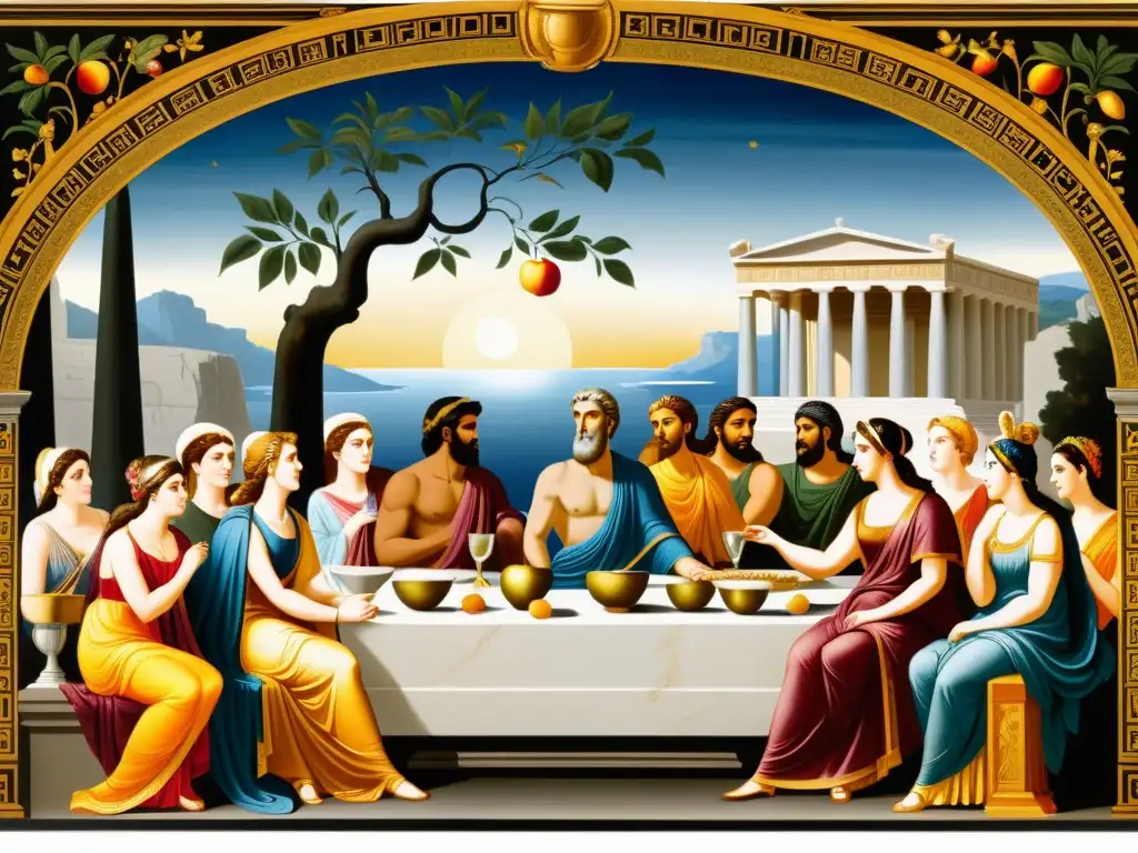 Imagen detallada de un banquete griego con Zeus, Hera y Atenea discutiendo sobre una manzana de oro, capturando la opulencia y tensión del origen de la guerra mitológica