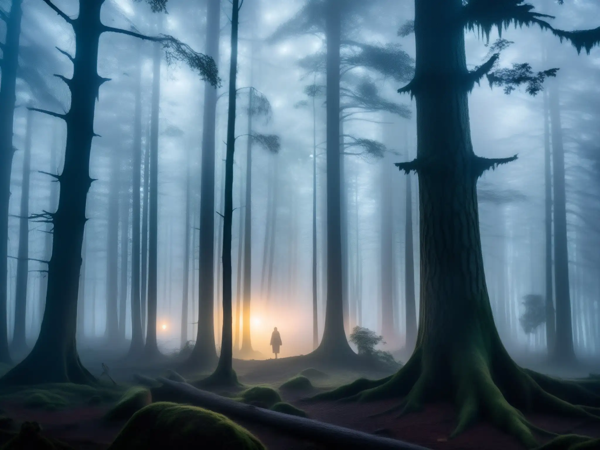 Una imagen detallada de un bosque brumoso iluminado por la suave luz de la luna, con figuras sombrías entre los árboles