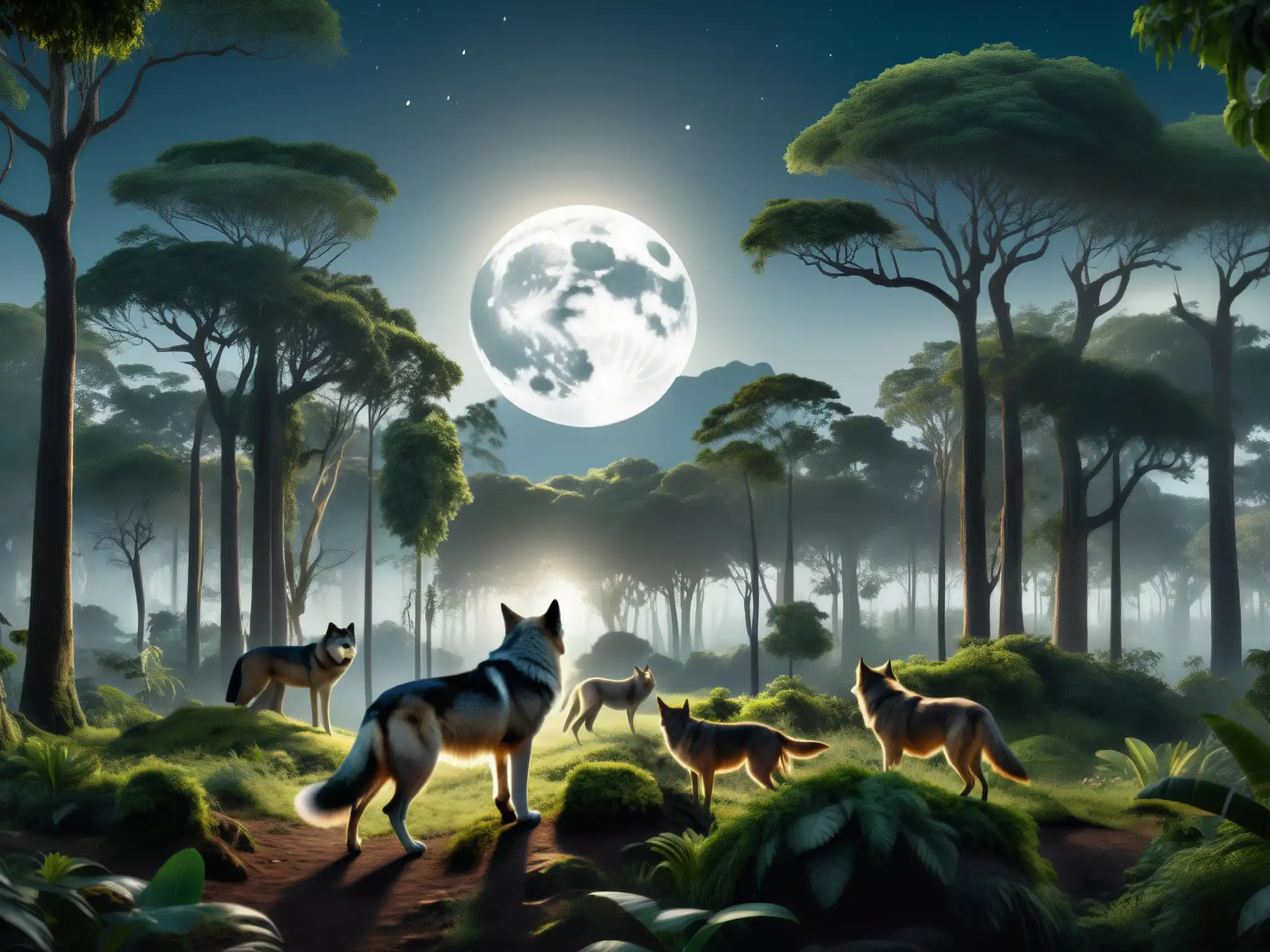 Imagen detallada en 8k de un bosque iluminado por la luna en Sudamérica
