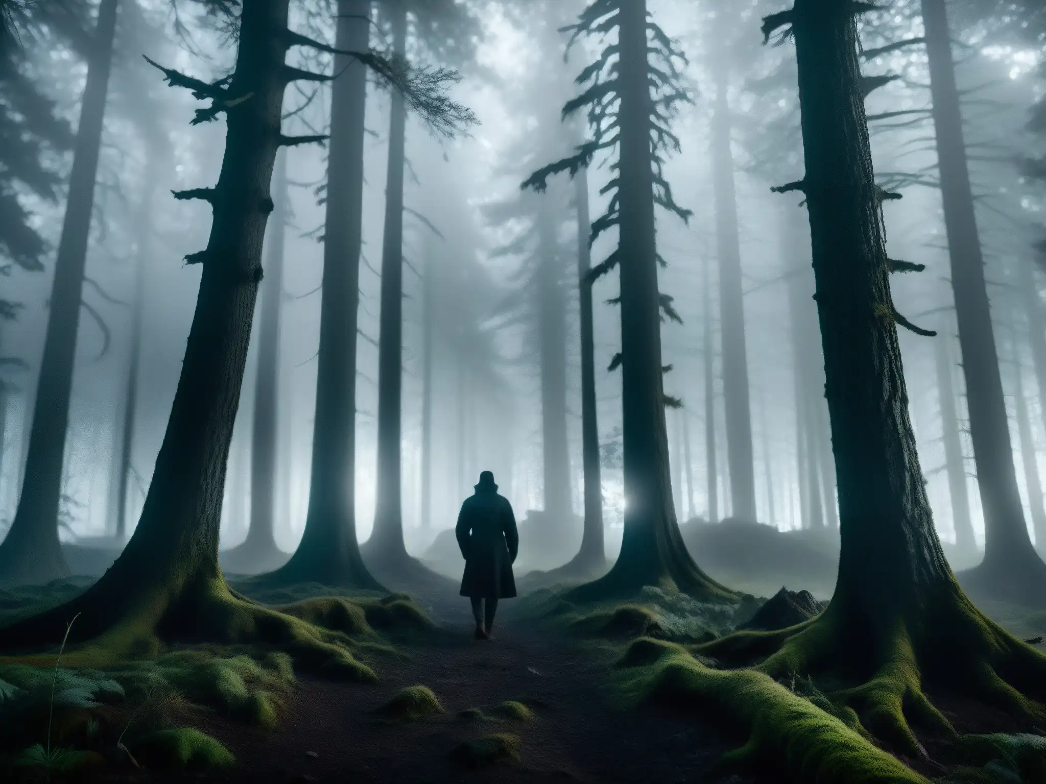 Imagen 8K detallada de un bosque oscuro y misterioso de noche, con neblina alrededor de los árboles retorcidos
