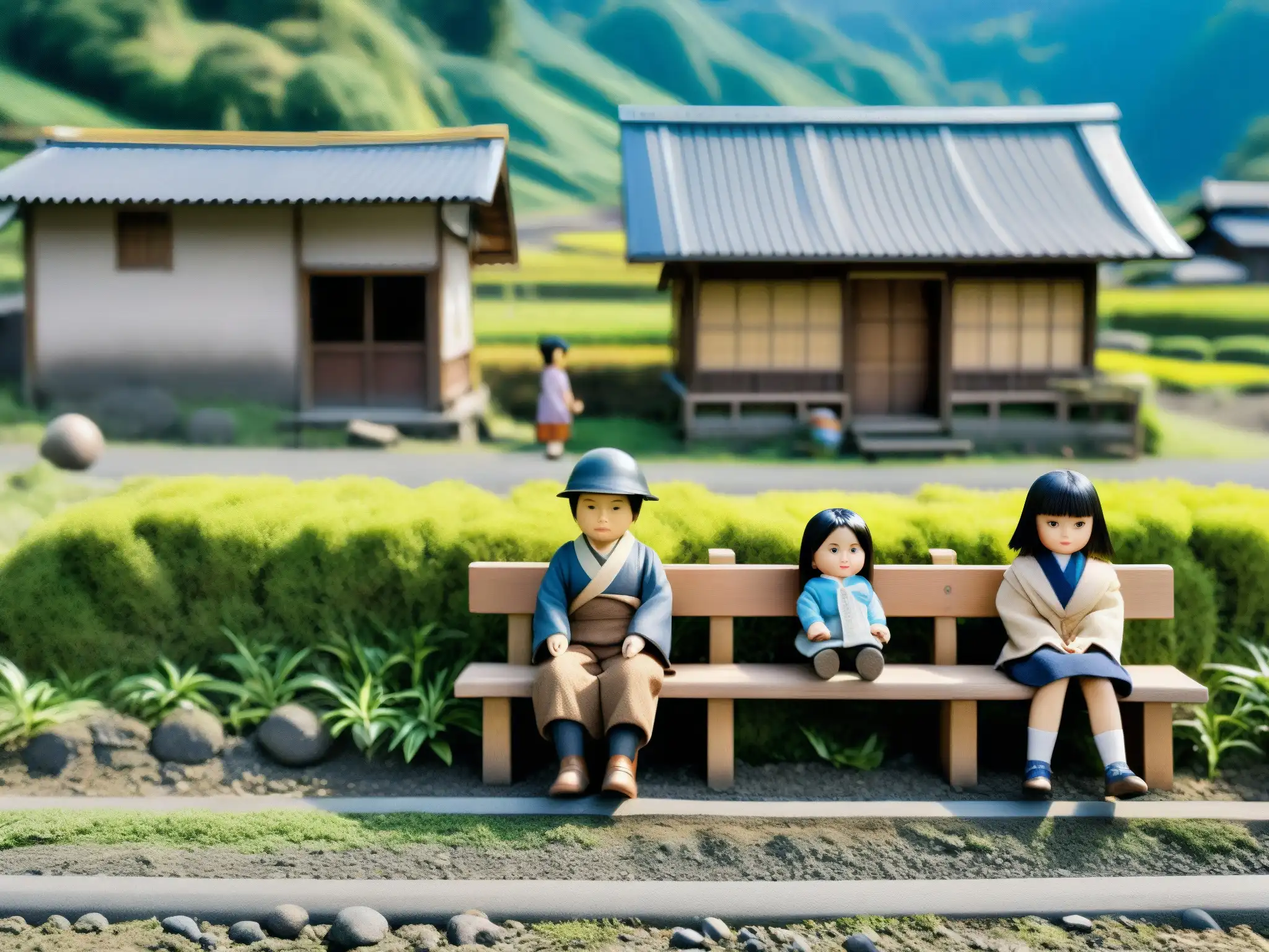 Imagen detallada de las calles de Nagoro, un pueblo en Japón, habitado por muñecas realistas en escenarios cotidianos
