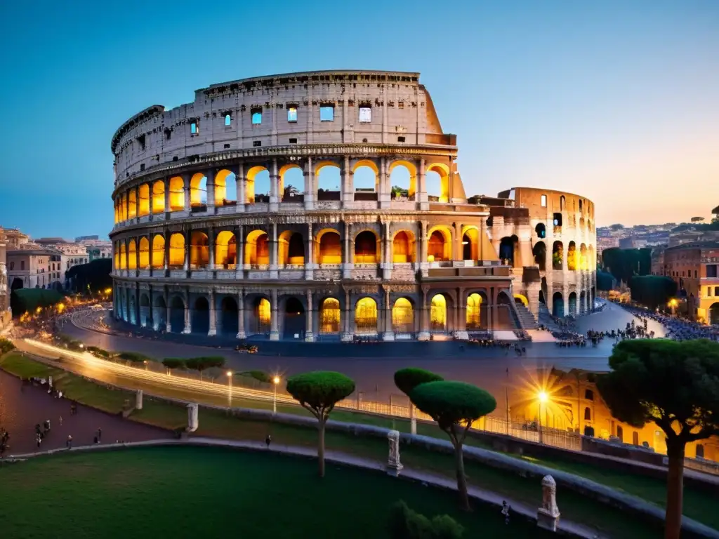 Una imagen detallada del Coliseo al atardecer en Roma, envuelto en una cálido resplandor dorado